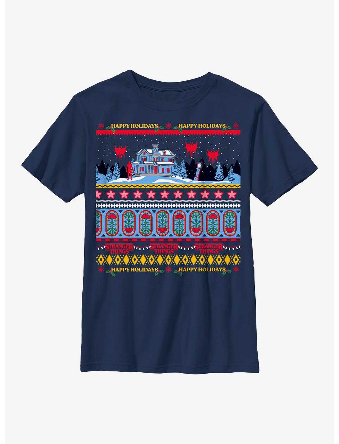 Stranger Things Creel House Ugly Sweater Youth T-Shirt, NAVY, hi-res