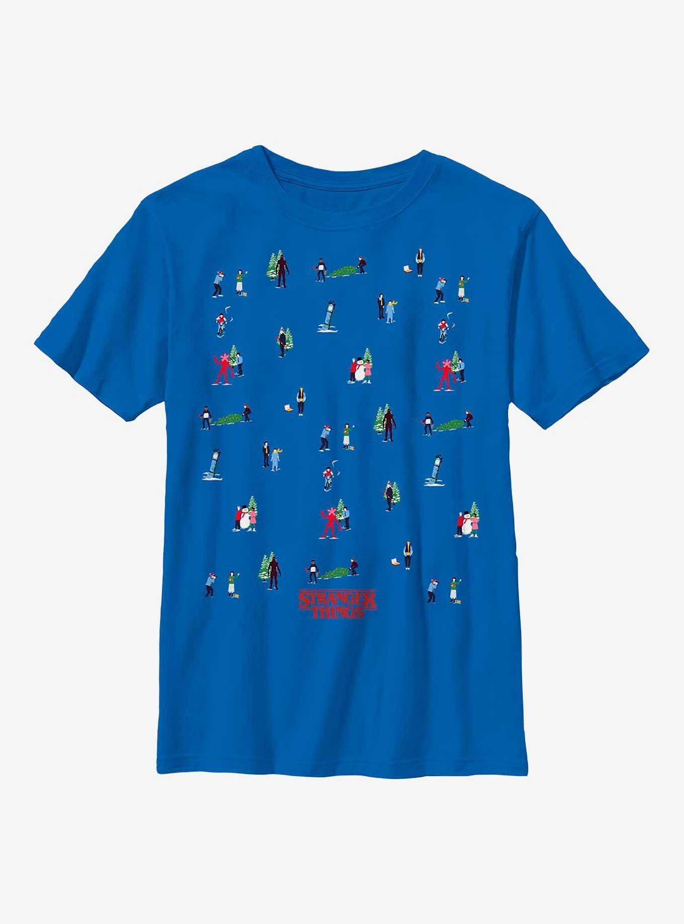 Stranger Things Holiday Tree Scenes Group Youth T-Shirt, ROYAL, hi-res