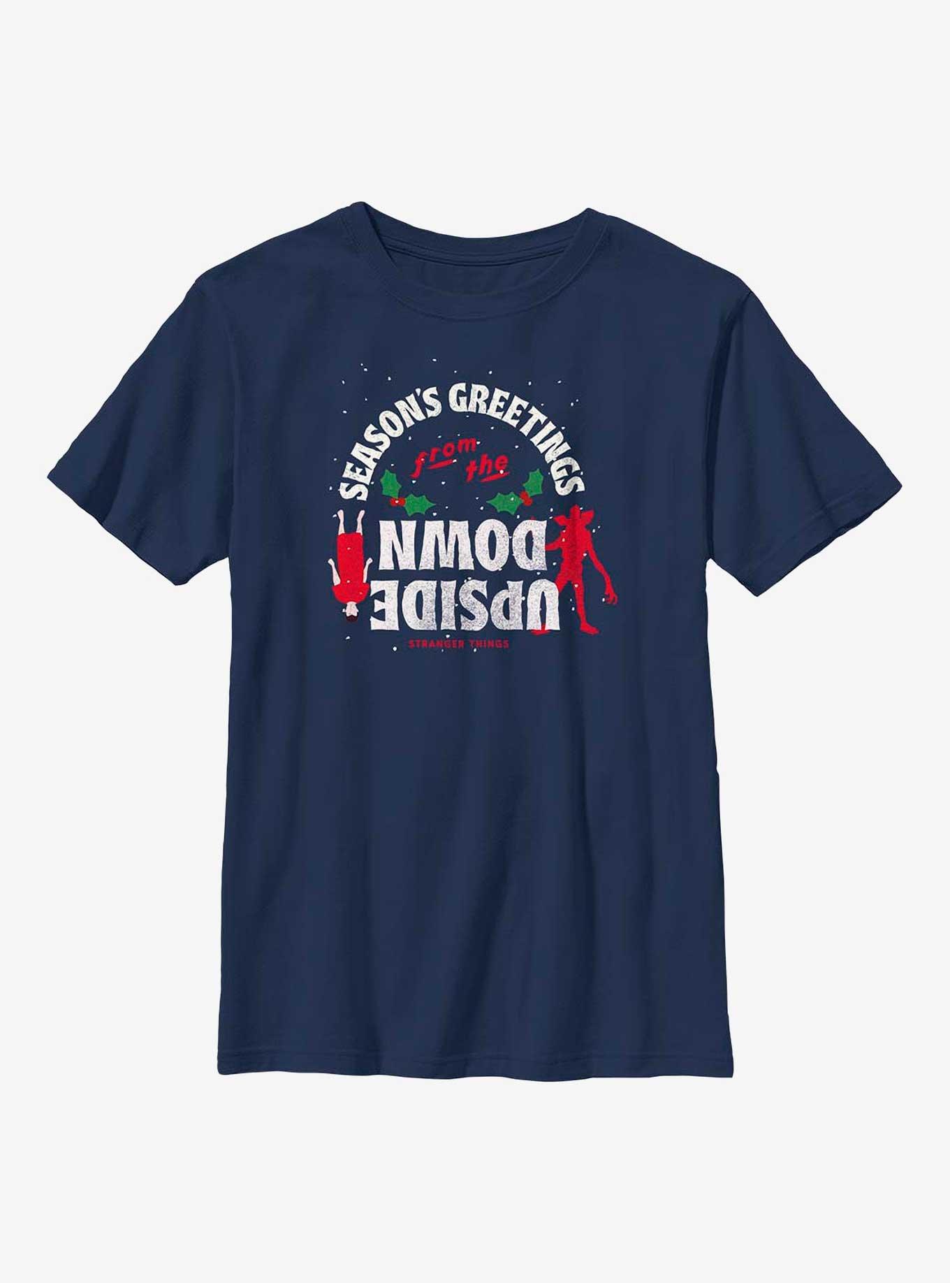 Stranger Things Season's Greetings From The Upside Down Youth T-Shirt, NAVY, hi-res