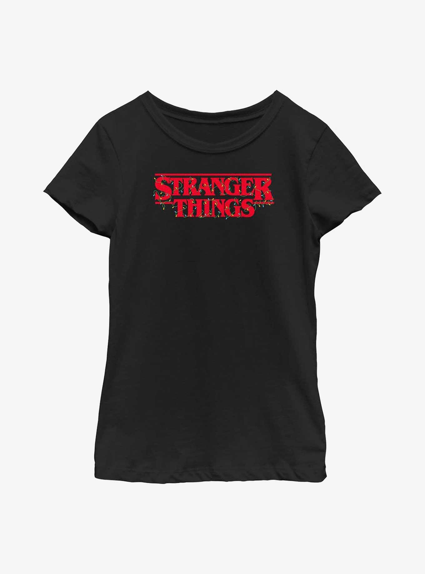 Stranger Things Christmas Lights Logo Youth Girls T-Shirt, BLACK, hi-res