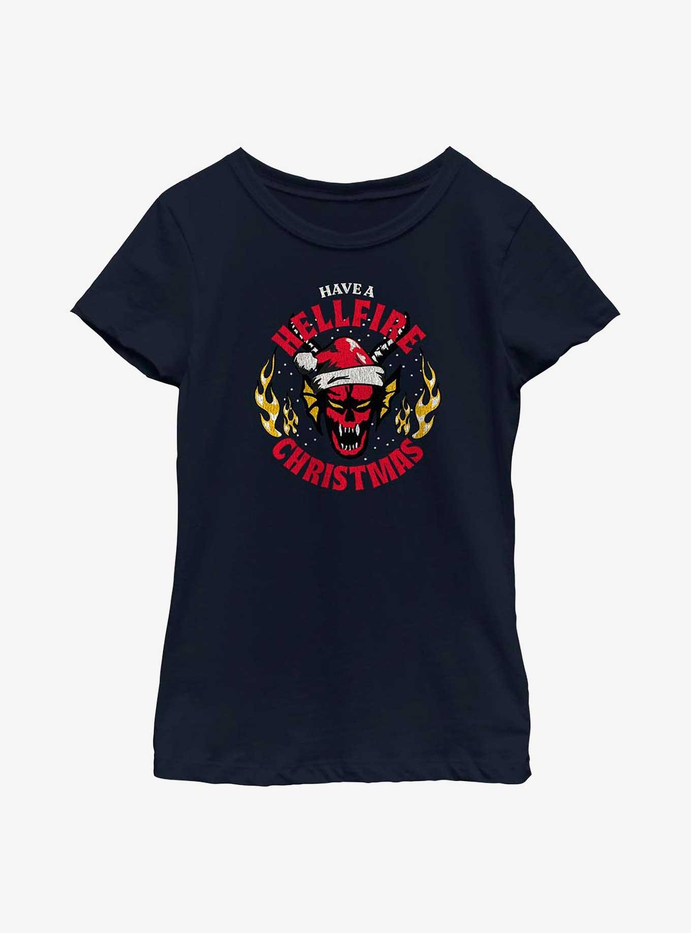 Stranger Things Have A Hellfire Christmas Youth Girls T-Shirt, NAVY, hi-res