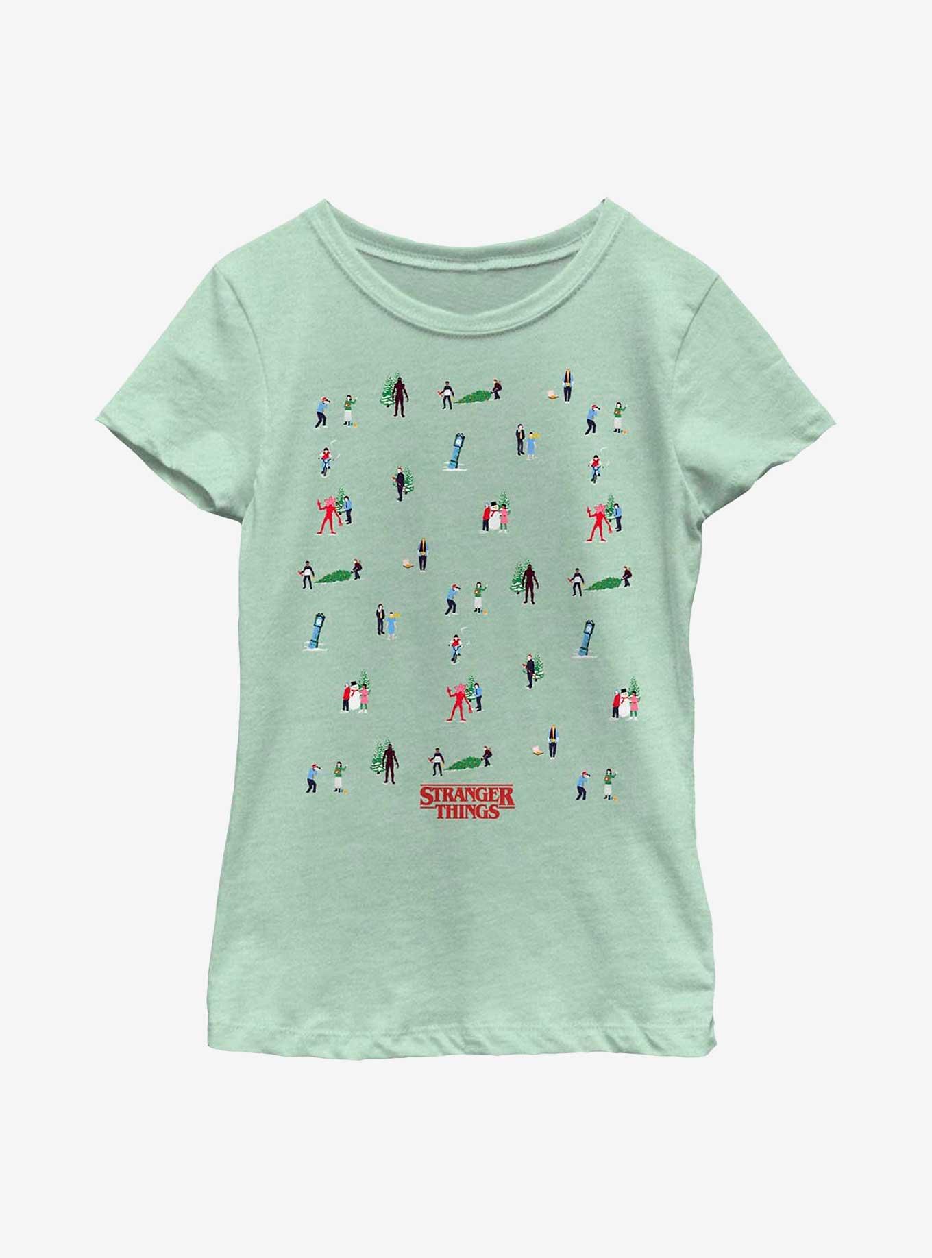 Stranger Things Holiday Tree Scenes Group Youth Girls T-Shirt, MINT, hi-res view 1