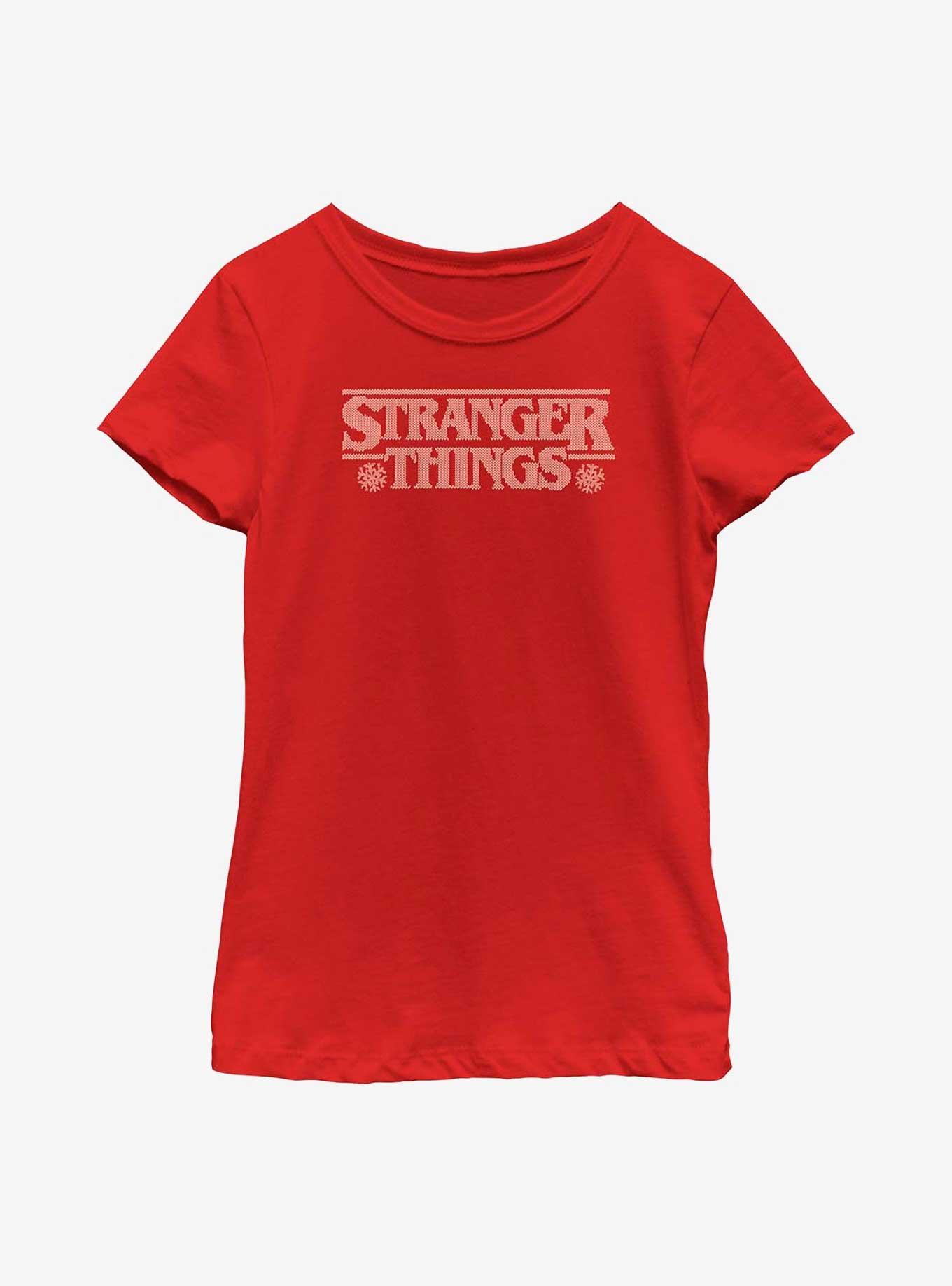 Stranger Things Holiday Knitted Logo Youth Girls T-Shirt, RED, hi-res