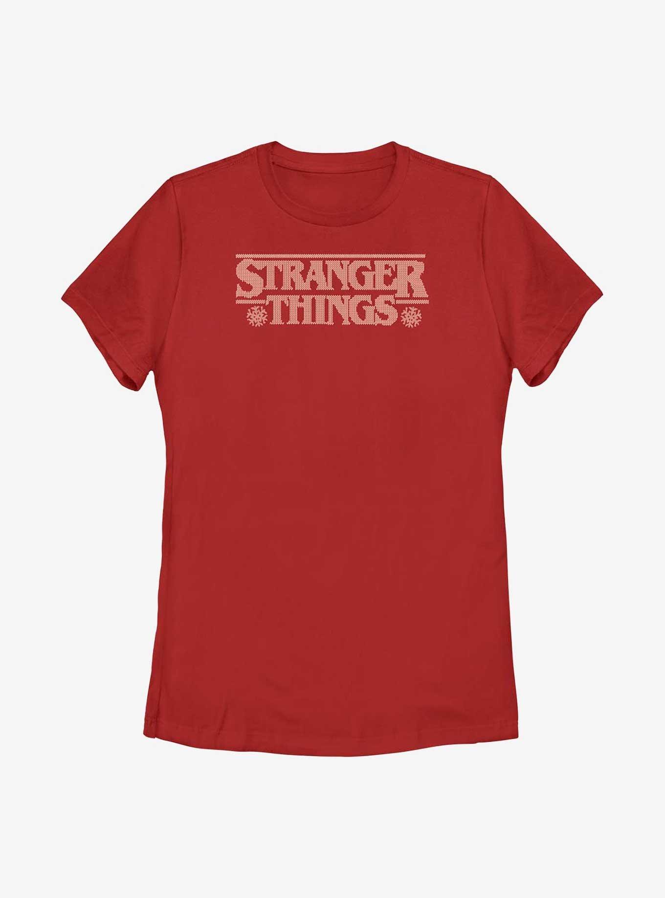 Stranger Things Holiday Knitted Logo Womens T-Shirt, RED, hi-res