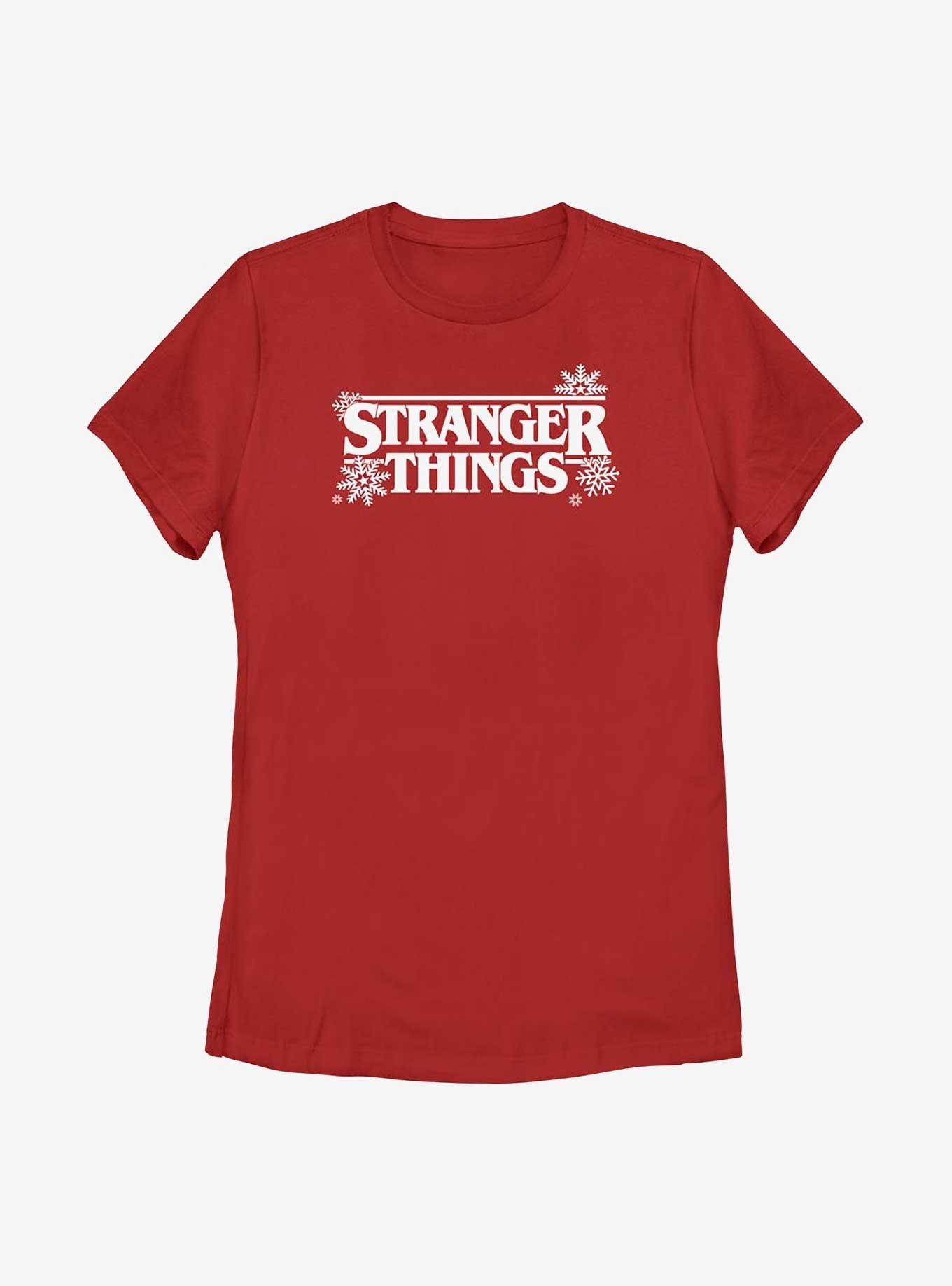 Stranger Things Holiday Style Logo Womens T-Shirt, RED, hi-res view 1