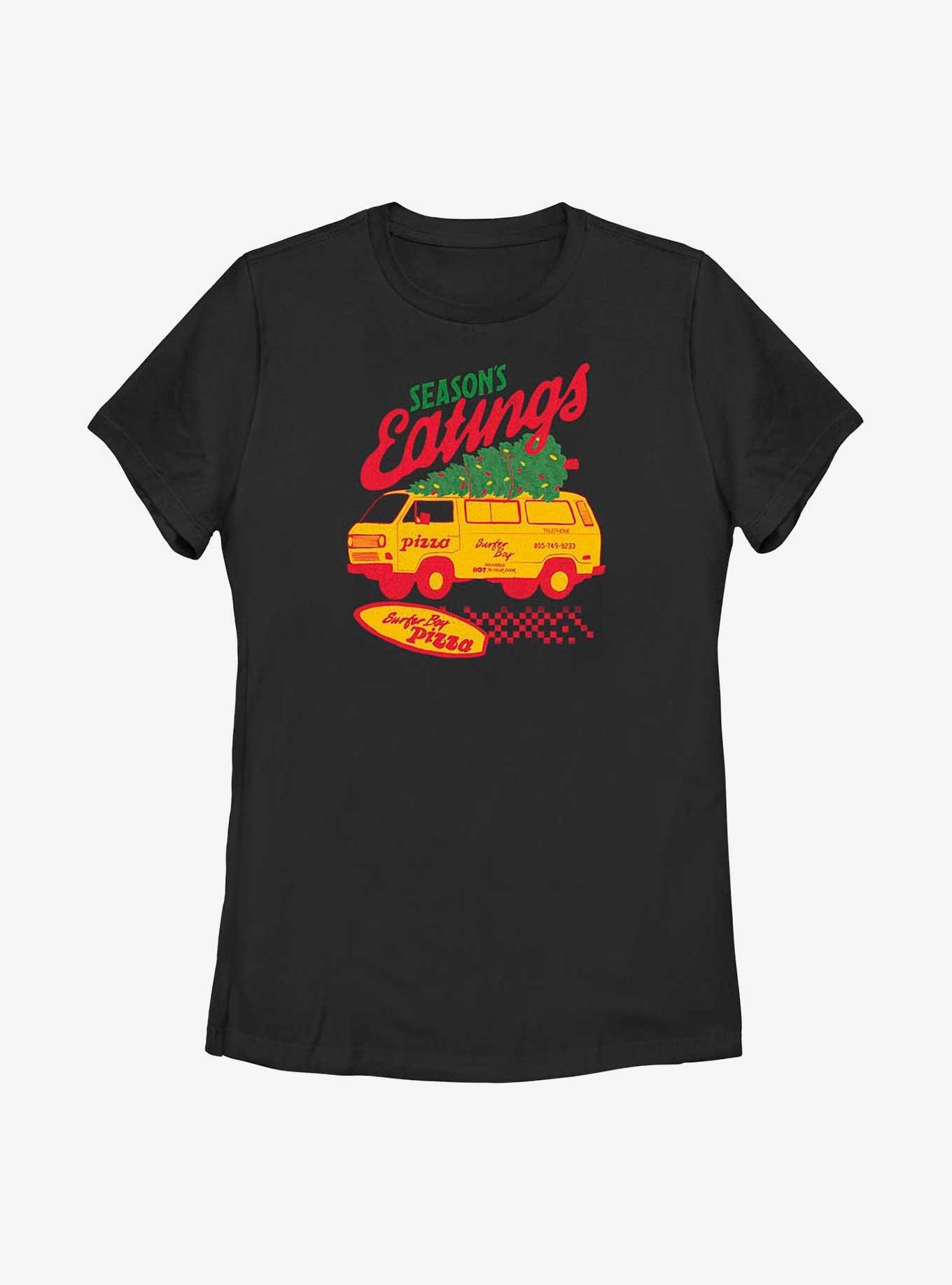 Stranger Things Season's Eating Surfer Boy Pizza Womens T-Shirt, BLACK, hi-res