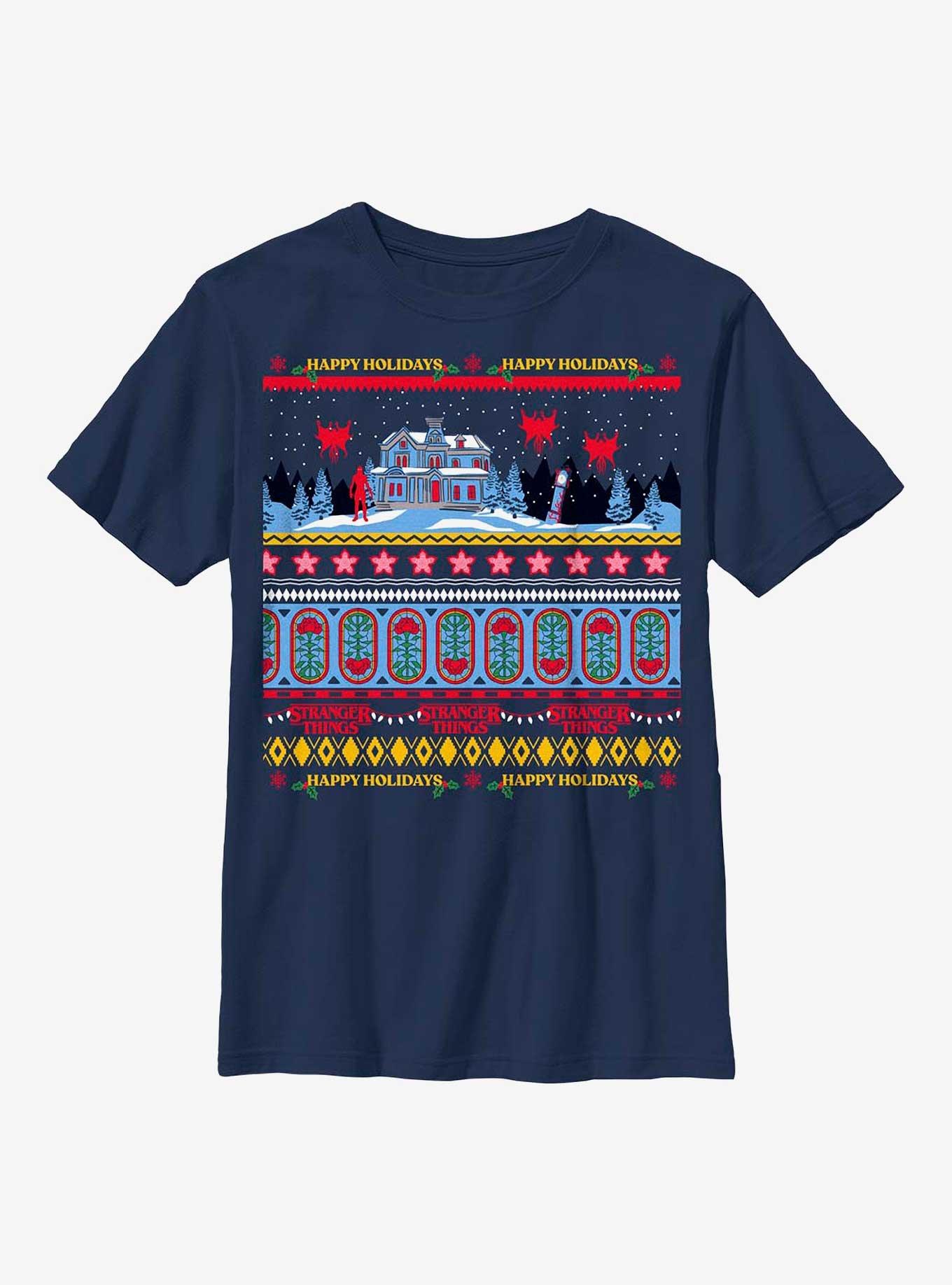 Stranger Things Creel House Ugly Sweater Youth T-Shirt, NAVY, hi-res