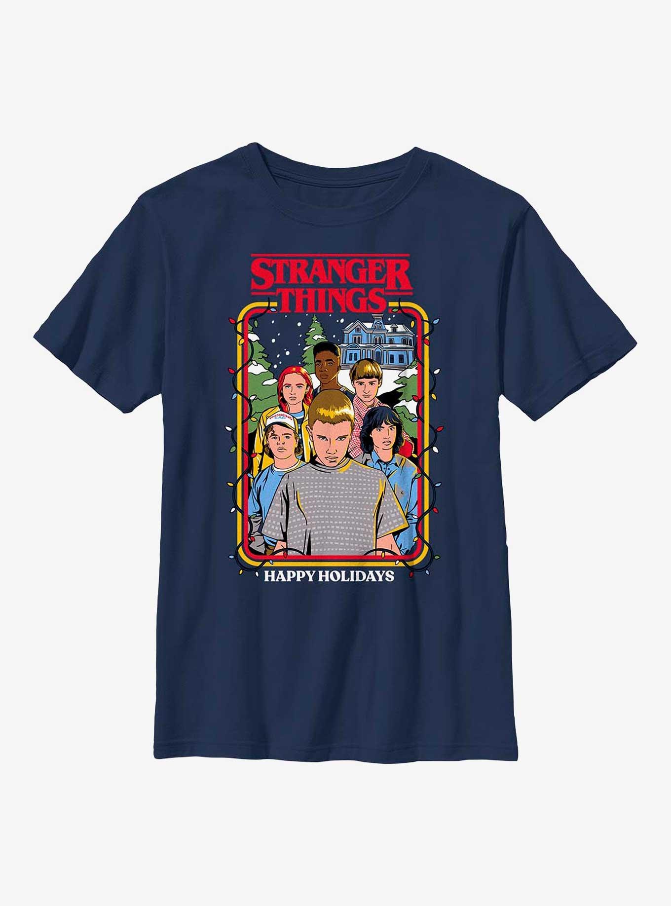 Stranger Things Happy Holidays Group Youth T-Shirt, NAVY, hi-res