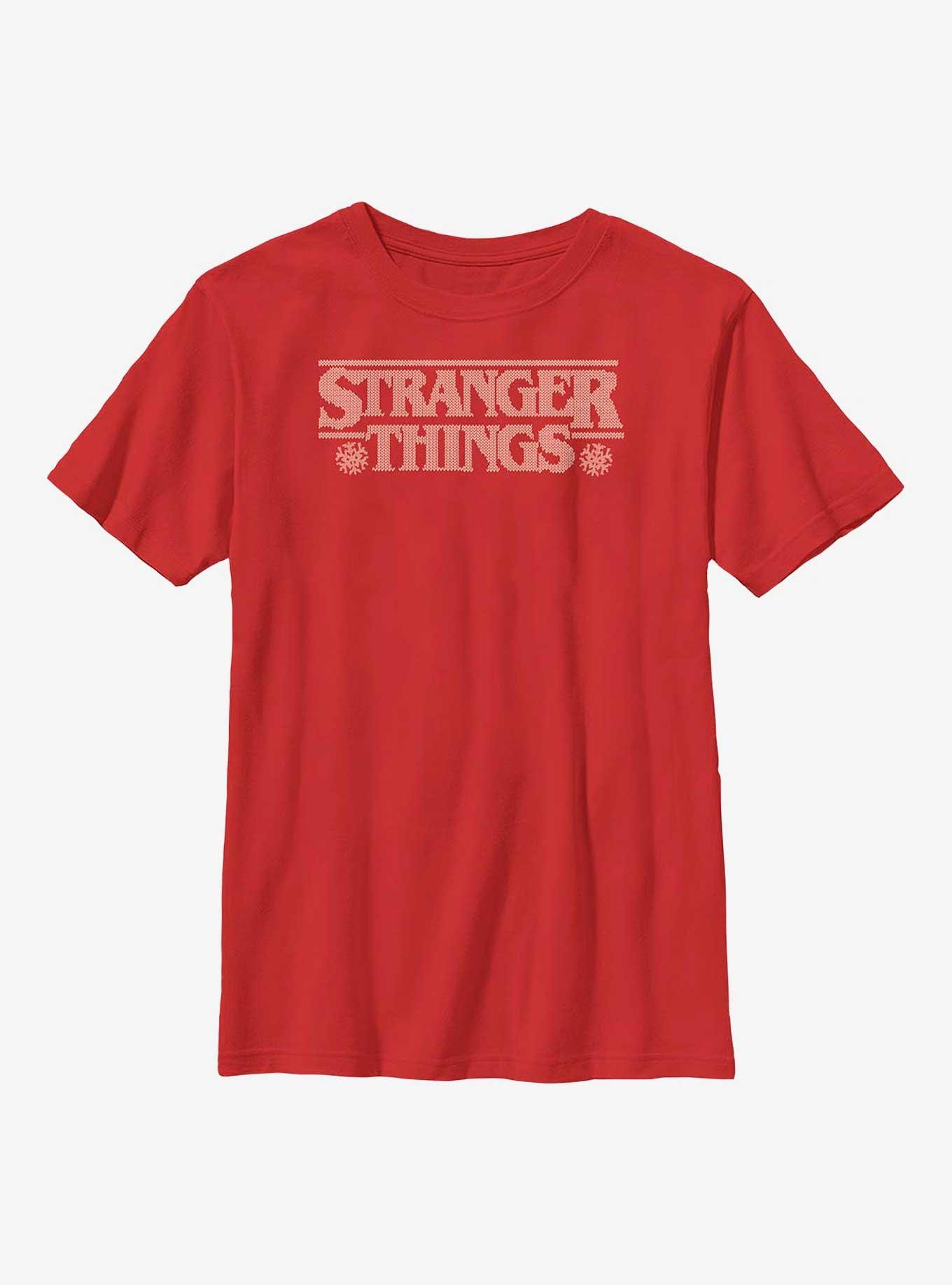 Stranger Things Holiday Knitted Logo Youth T-Shirt, RED, hi-res