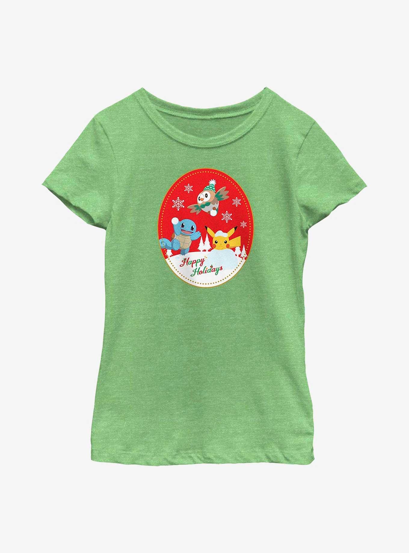 Pok&eacute;mon Holiday Badge Squirtle, Rowlet And Pikachu Youth Girls T-Shirt, GRN APPLE, hi-res
