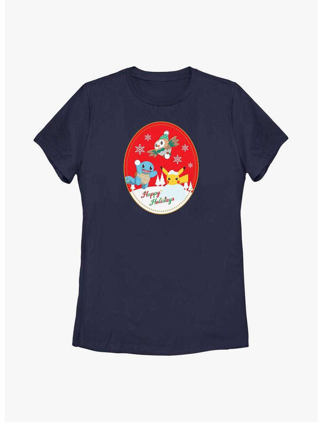 Pokémon Holiday Badge Squirtle, Rowlet And Pikachu Womens T-Shirt, NAVY, hi-res