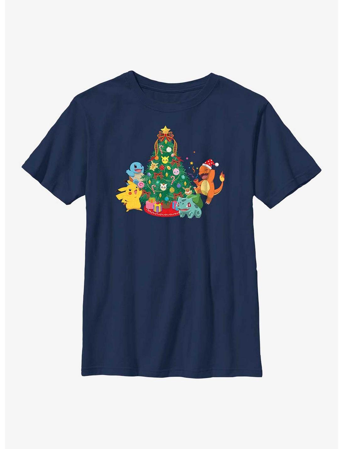 Pokémon Christmas Tree Pikachu, Squirtle, Bulbasaur And Charmander Youth T-Shirt, NAVY, hi-res