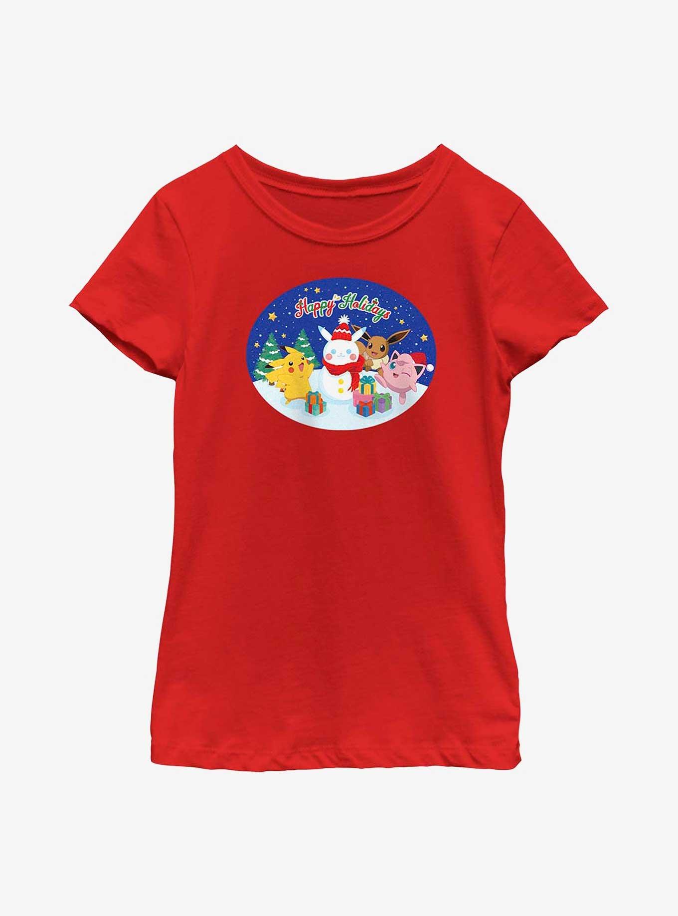 Pok&eacute;mon Happy Holidays Pikachu, Jigglypuff And Eevee Youth Girls T-Shirt, RED, hi-res view 1