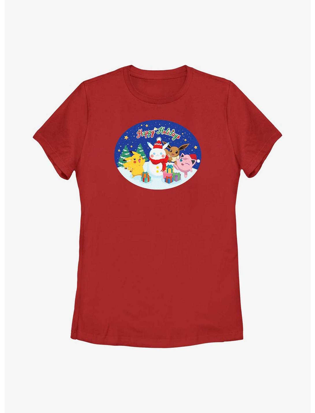 Pokémon Happy Holidays Pikachu, Jigglypuff And Eevee Womens T-Shirt, RED, hi-res