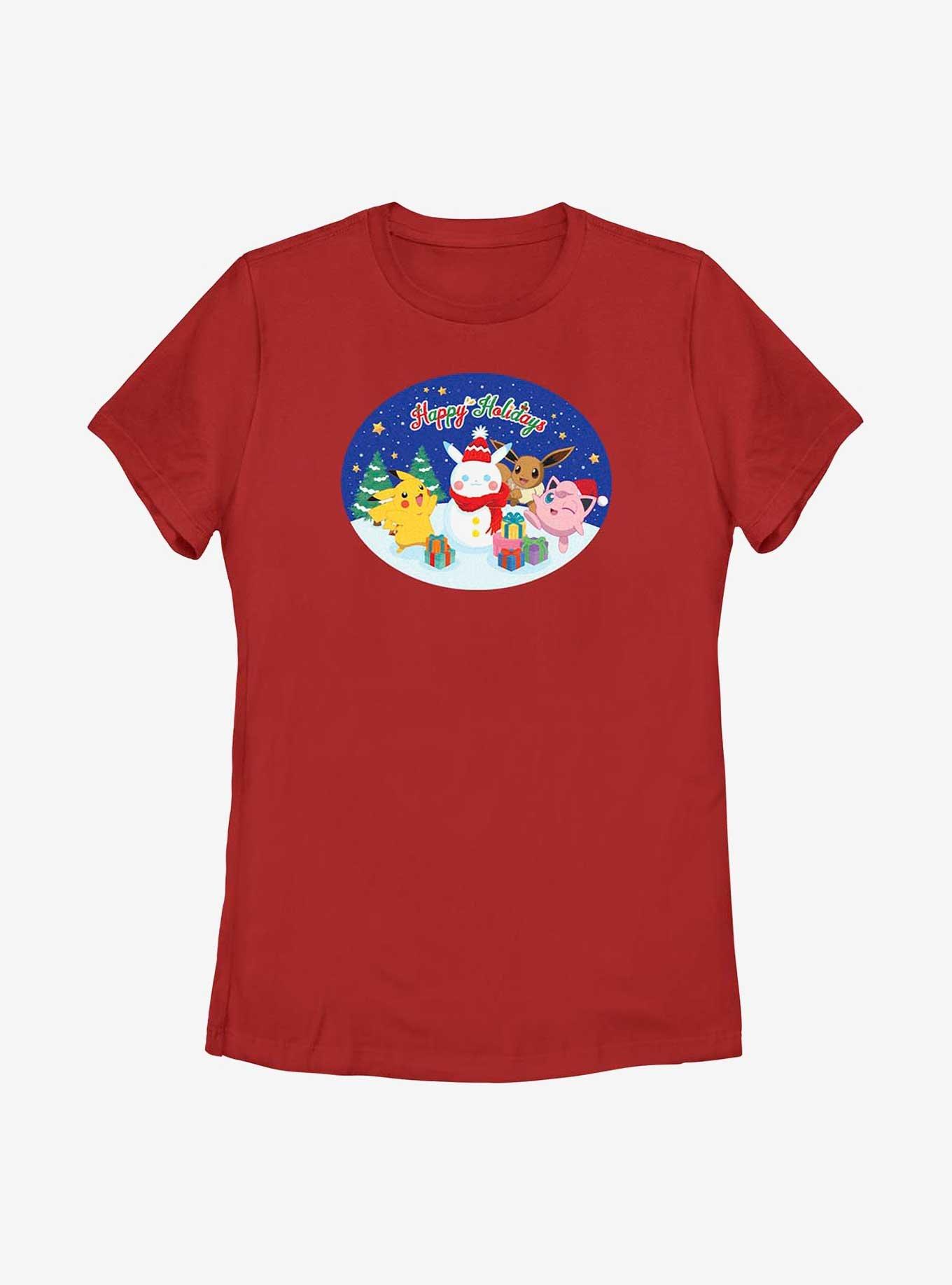 Pok&eacute;mon Happy Holidays Pikachu, Jigglypuff And Eevee Womens T-Shirt, RED, hi-res