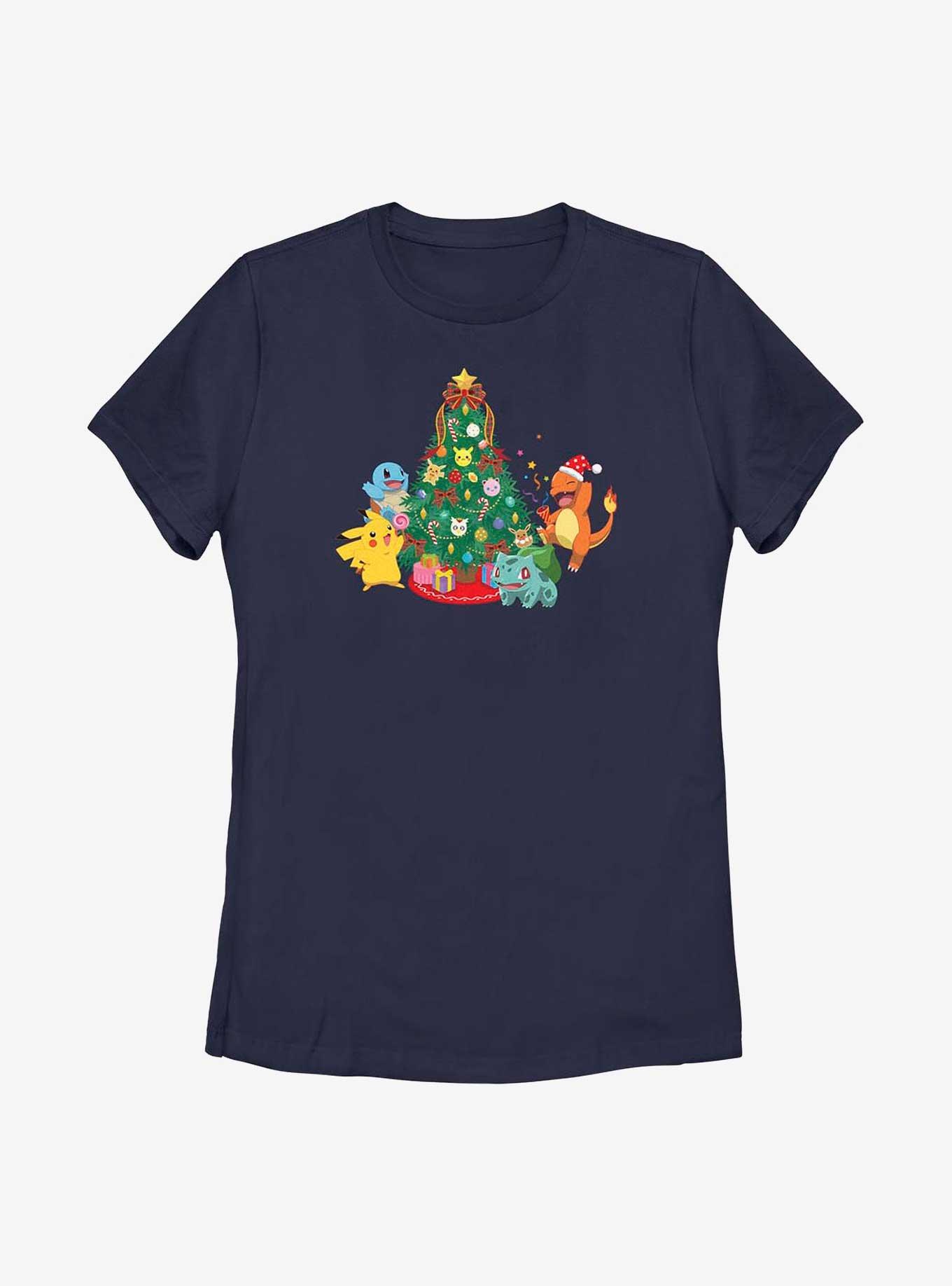 Pokémon Christmas Tree Pikachu, Squirtle, Bulbasaur And Charmander Womens T-Shirt, NAVY, hi-res