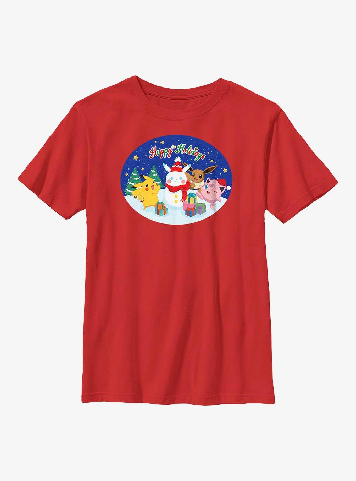 Pokémon Happy Holidays Pikachu, Jigglypuff And Eevee Youth T-Shirt, RED, hi-res