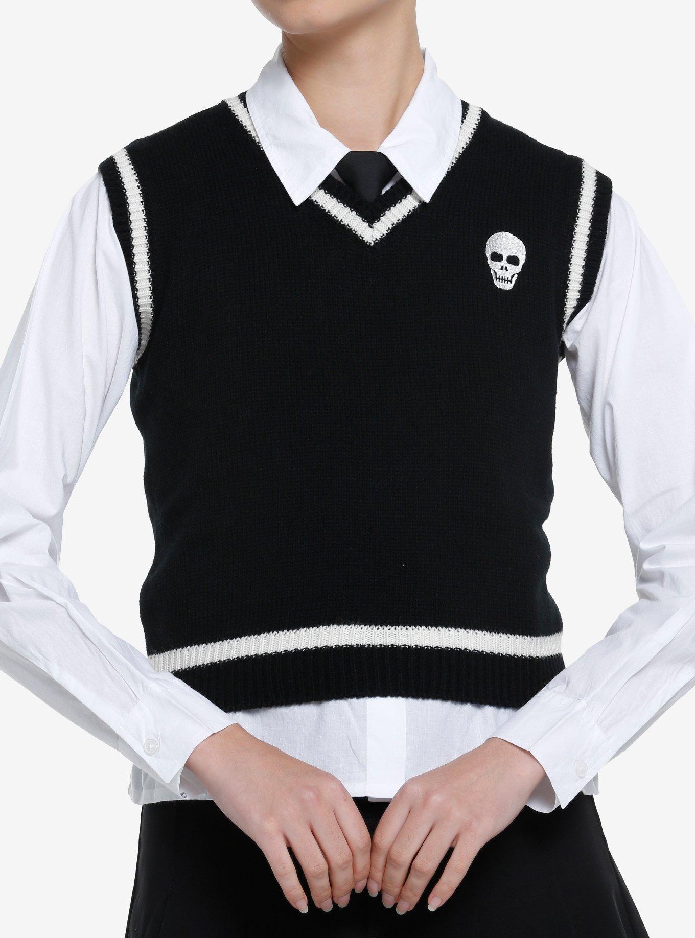 Thorn & Fable Skull Tie Twofer Girls Sweater Vest Shirt, , hi-res