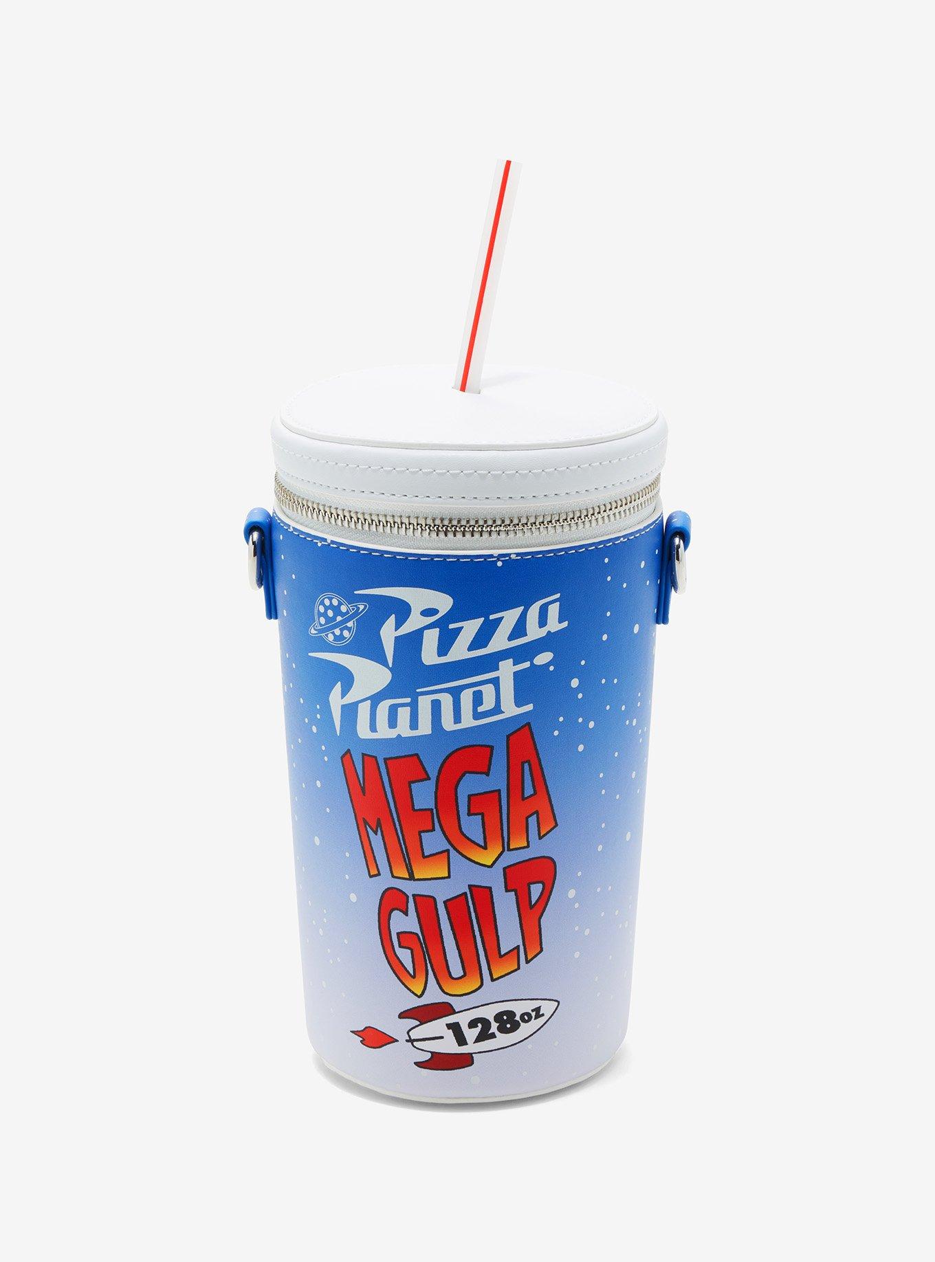 Big Gulp giant soda cups are arranged in size order in a store on