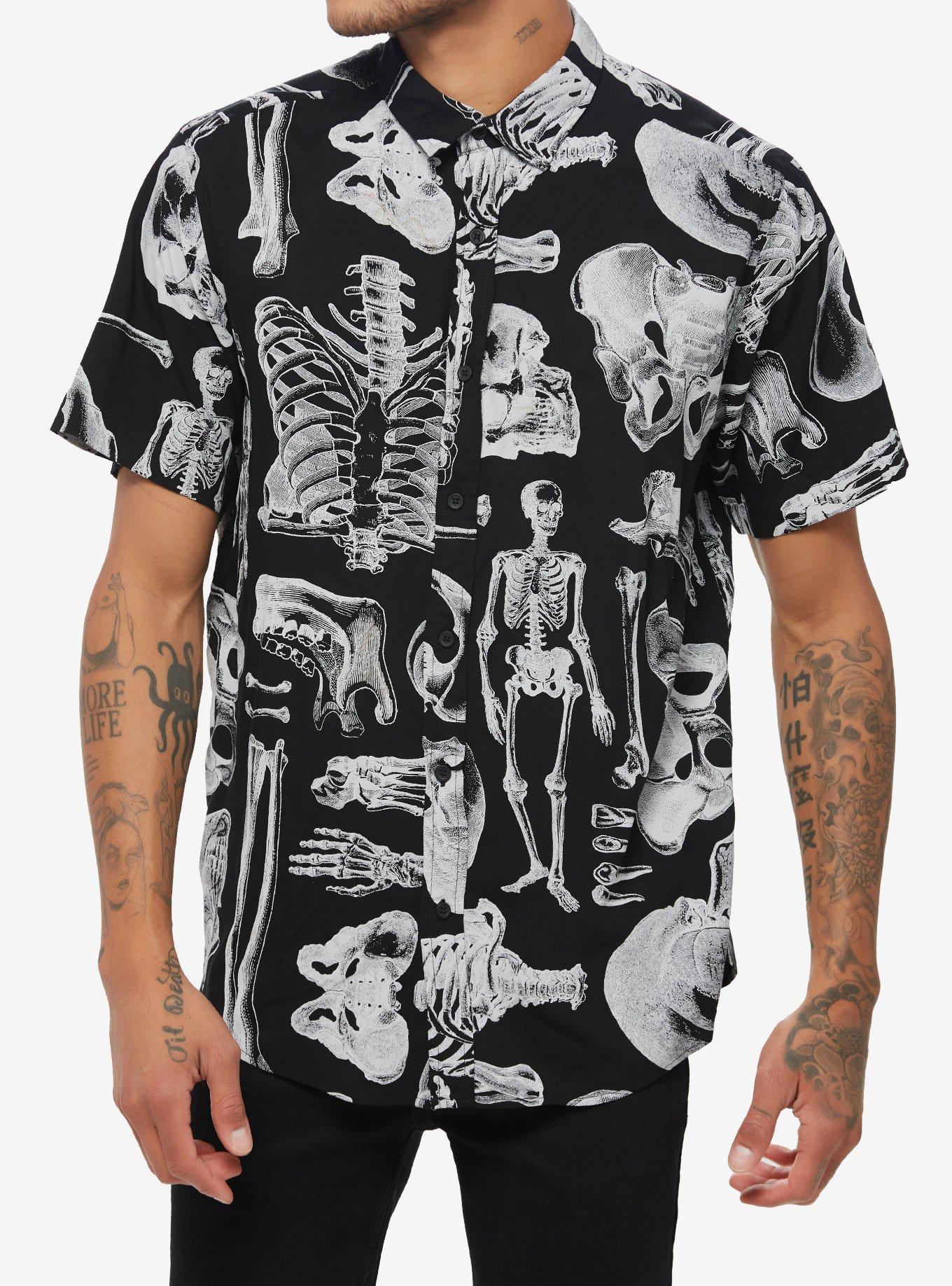 Skeleton Anatomy Allover Print Woven Button-Up, BLACK, hi-res