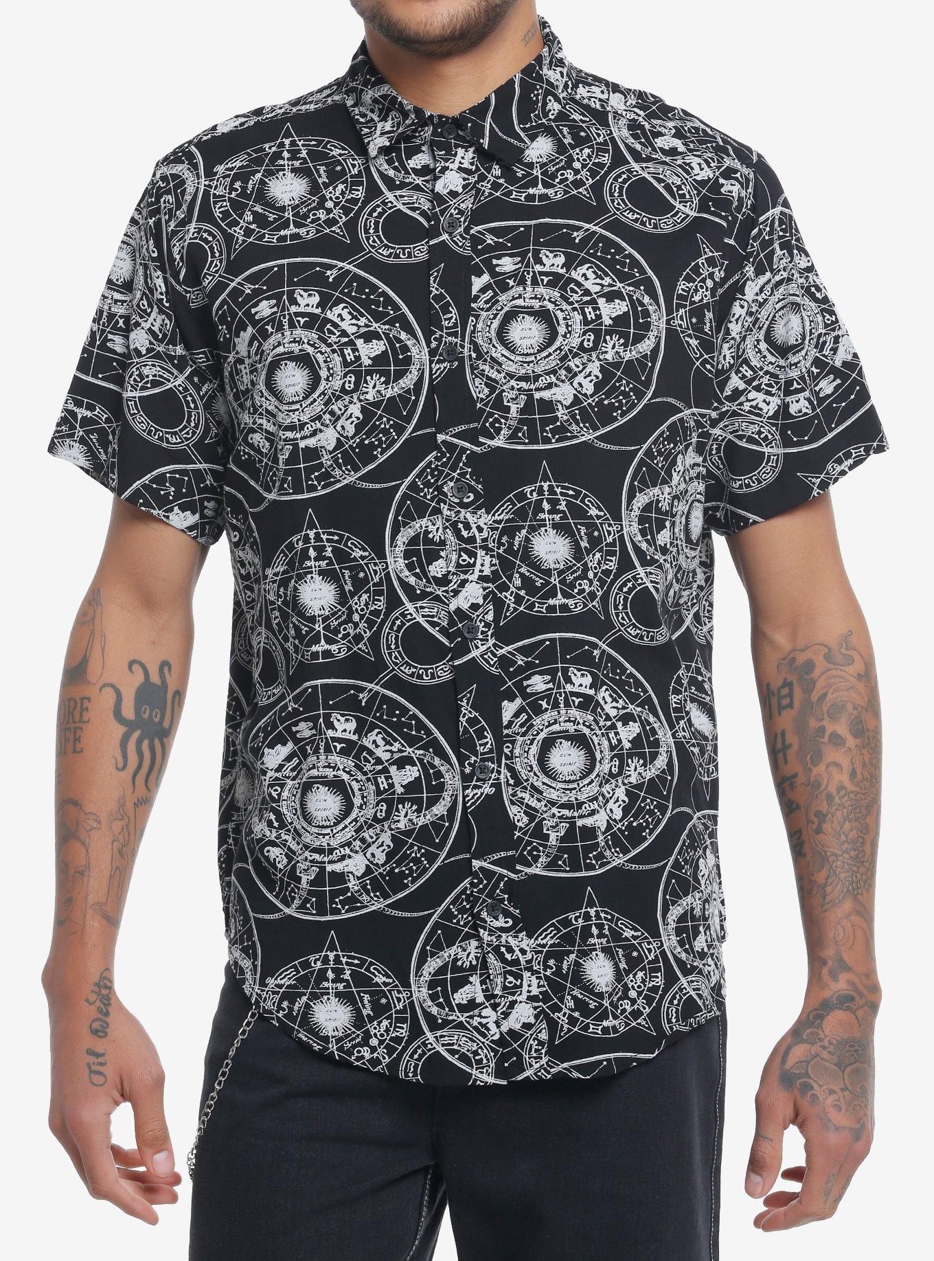Zodiac Charts Woven Button-Up, BLACK, hi-res