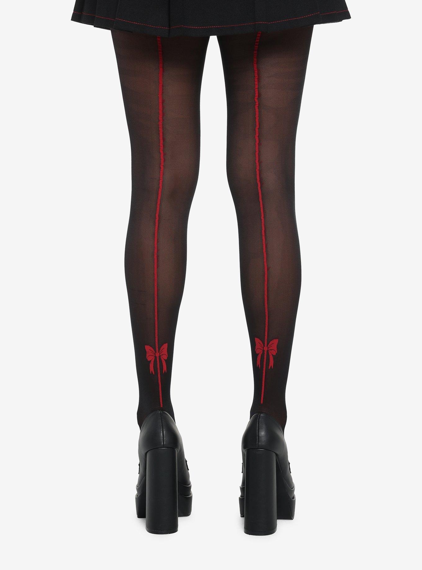 Black Red Bow Back Seam Tights, , hi-res