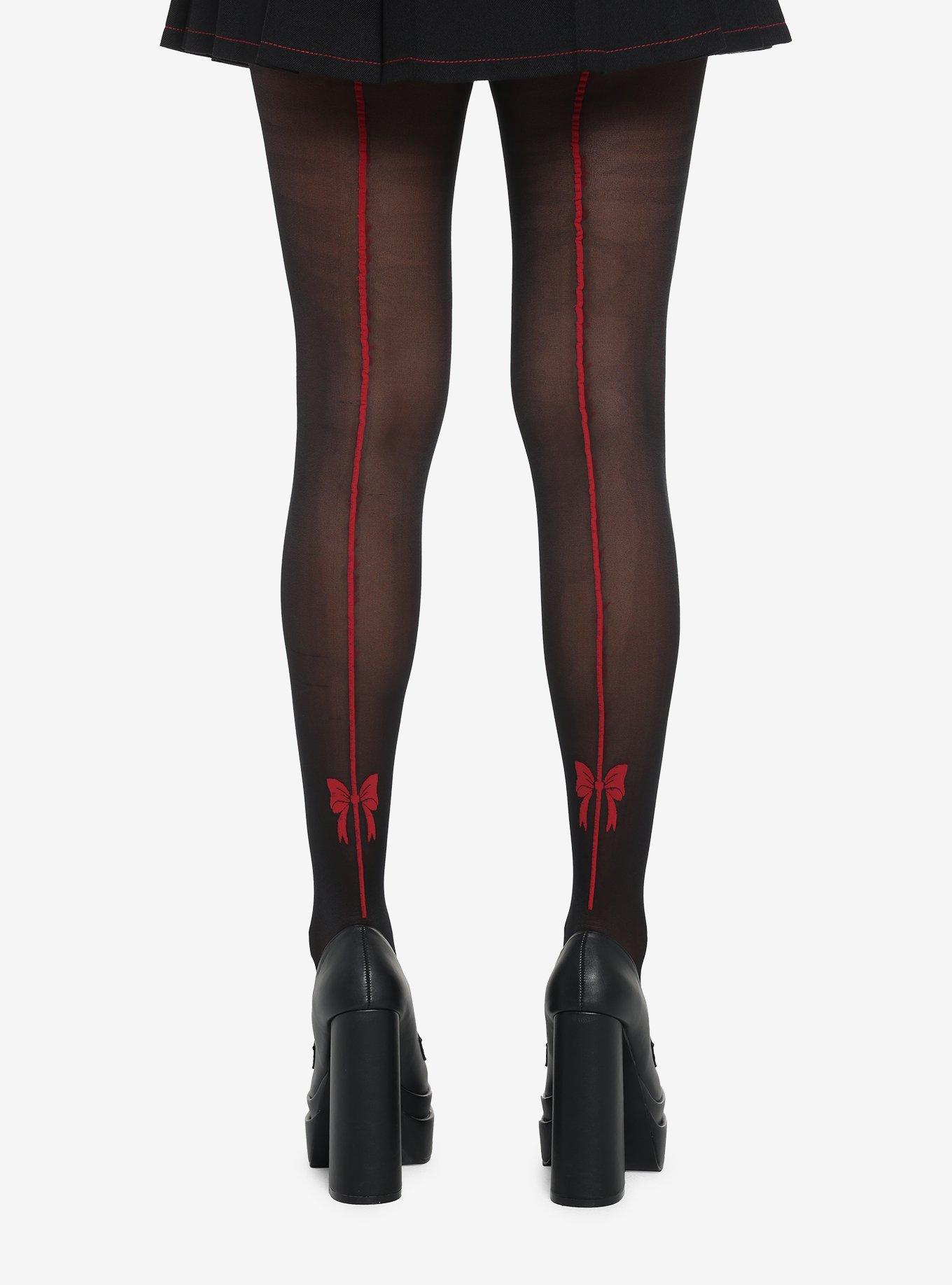 Black Red Bow Back Seam Tights