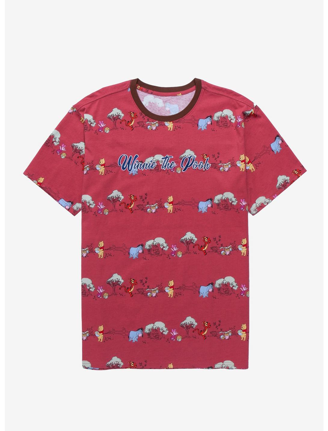 Disney Winnie the Pooh Linear Allover Print T-Shirt - BoxLunch Exclusive, BURGUNDY, hi-res