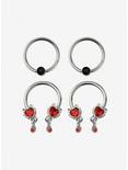 Steel Silver Heart Gem Circular Barbell & Captive Hoop 4 Pack, RED, hi-res