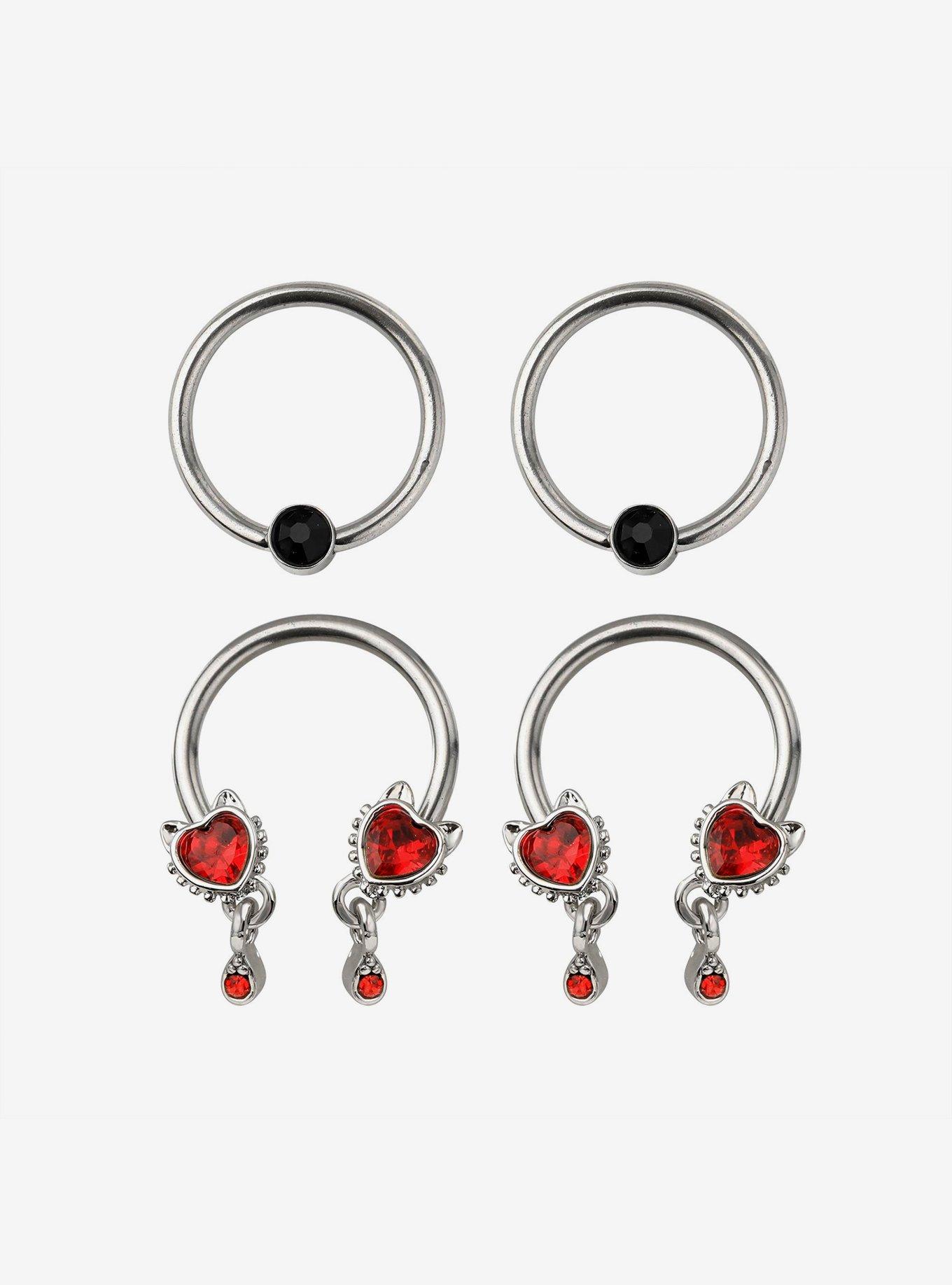 Steel Silver Heart Gem Circular Barbell & Captive Hoop 4 Pack, RED, hi-res