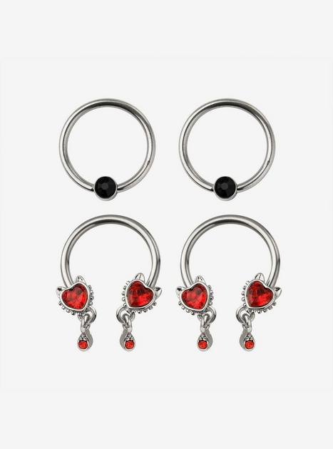 Steel Silver Heart Gem Circular Barbell & Captive Hoop 4 Pack | Hot