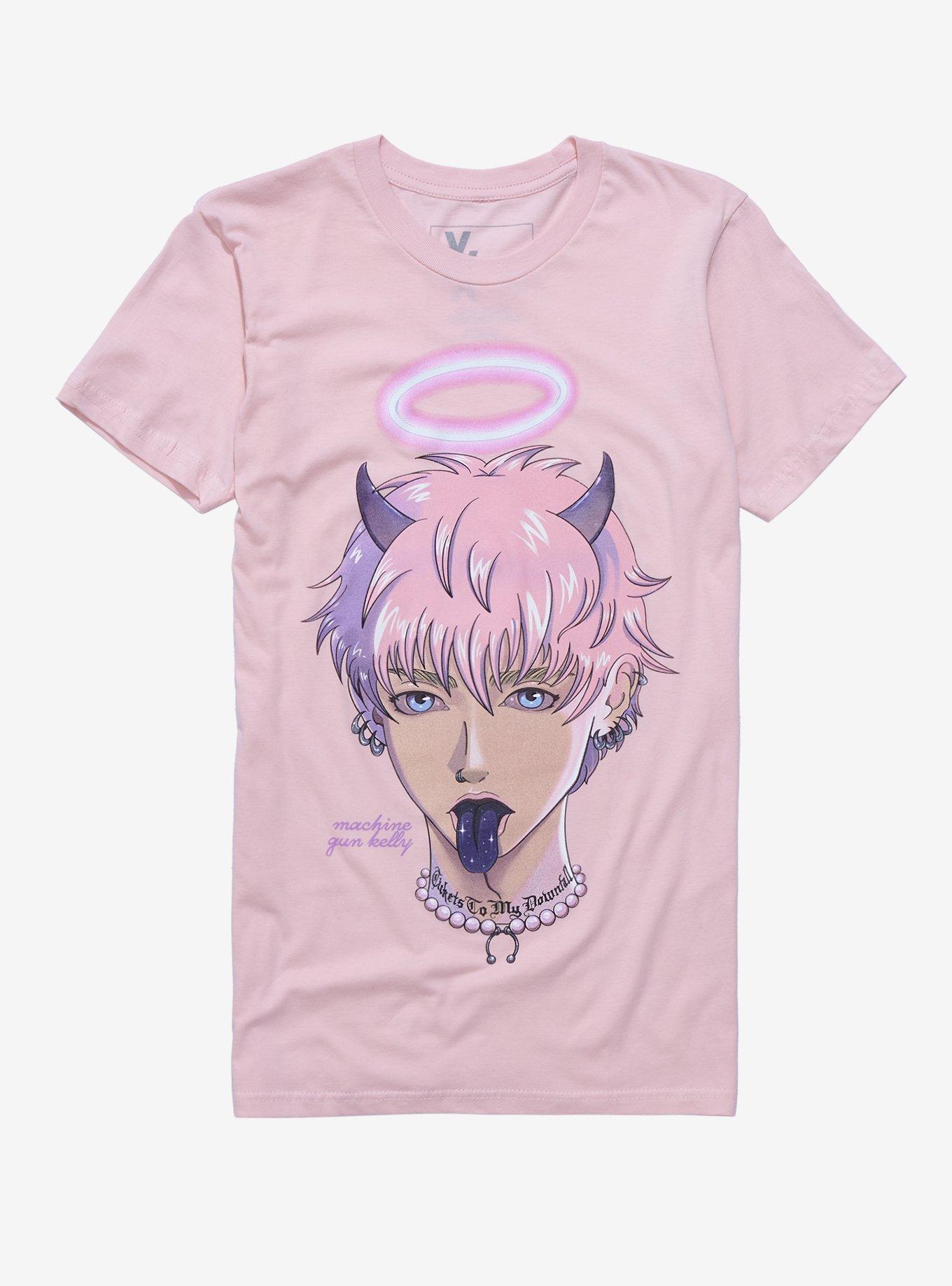 Machine Gun Kelly Anime Portrait Boyfriend Fit Girls T-Shirt, PINK, hi-res