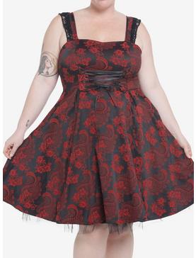 Black & Red Brocade Lace Trim Dress Plus Size, , hi-res