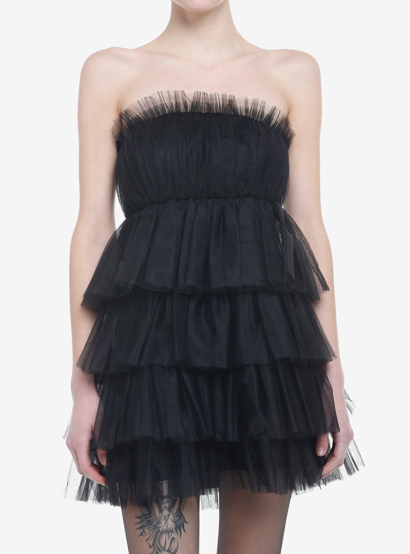 Black Tulle Tiered Strapless Mini Dress, BLACK, hi-res