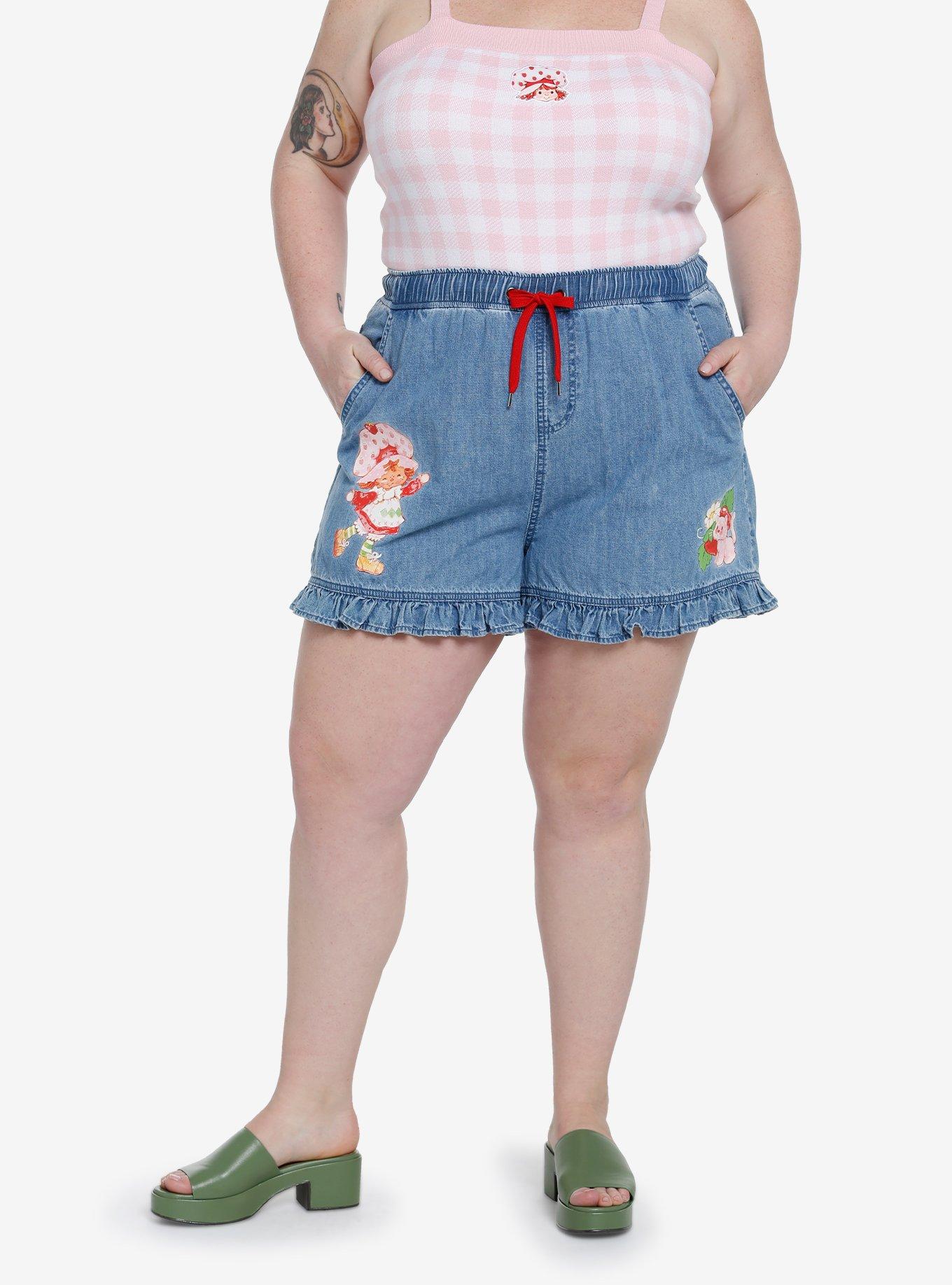 Plus Size Strawberry Shortcake Denim Ruffle Mom Shorts Plus Size, , hi-res