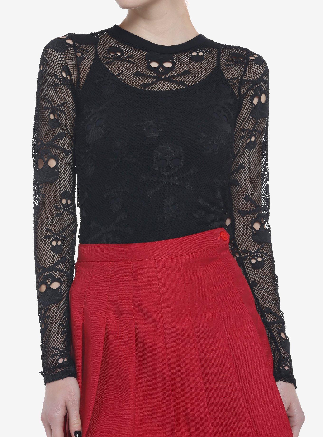 Skull & Crossbones Mesh Girls Long-Sleeve Top, BLACK, hi-res
