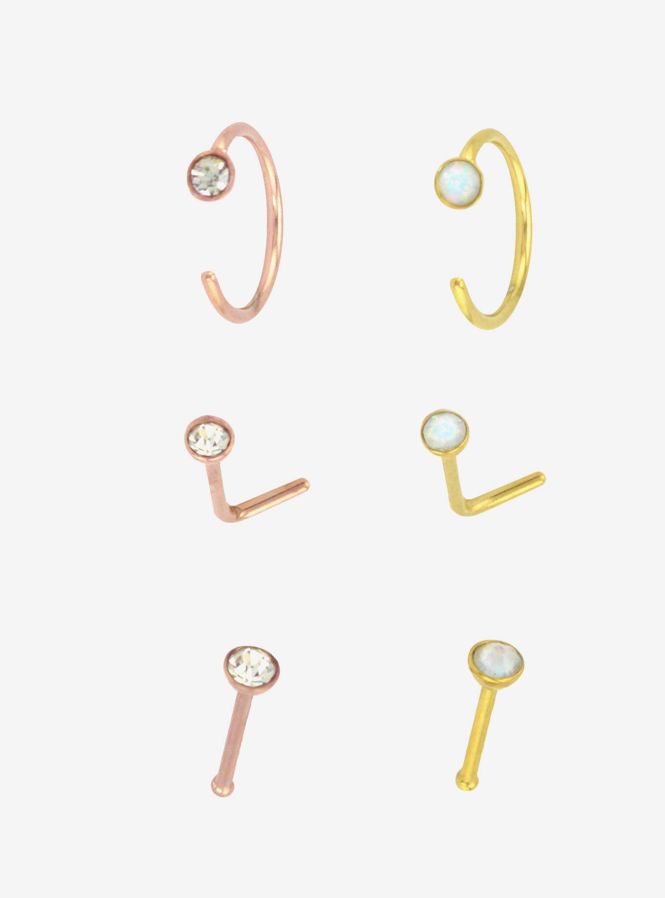 20G Steel Gem Opal Nose Stud & Hoop 6 Pack, GOLD, hi-res