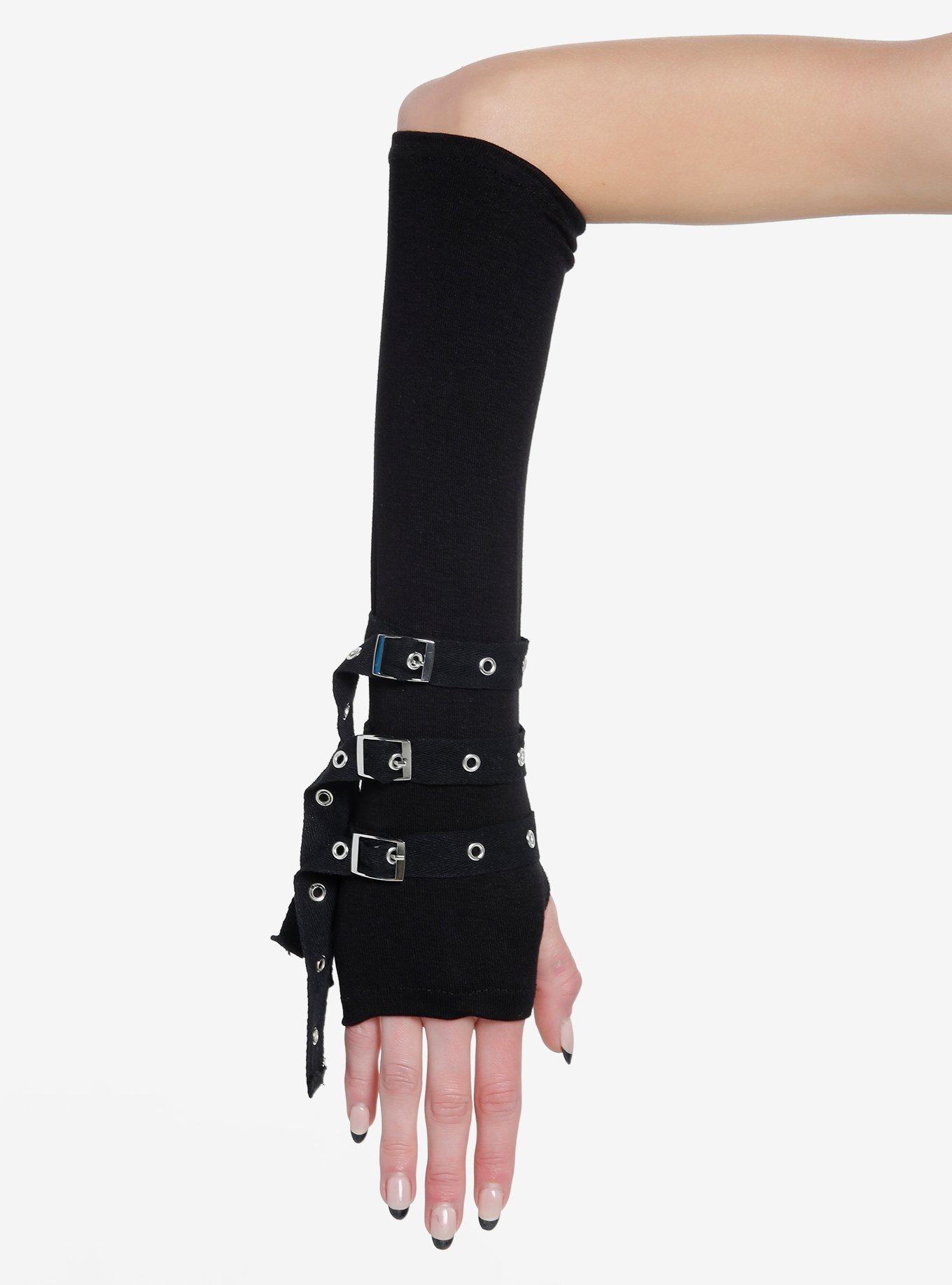 Black Grommet Strappy Arm Warmers, , hi-res