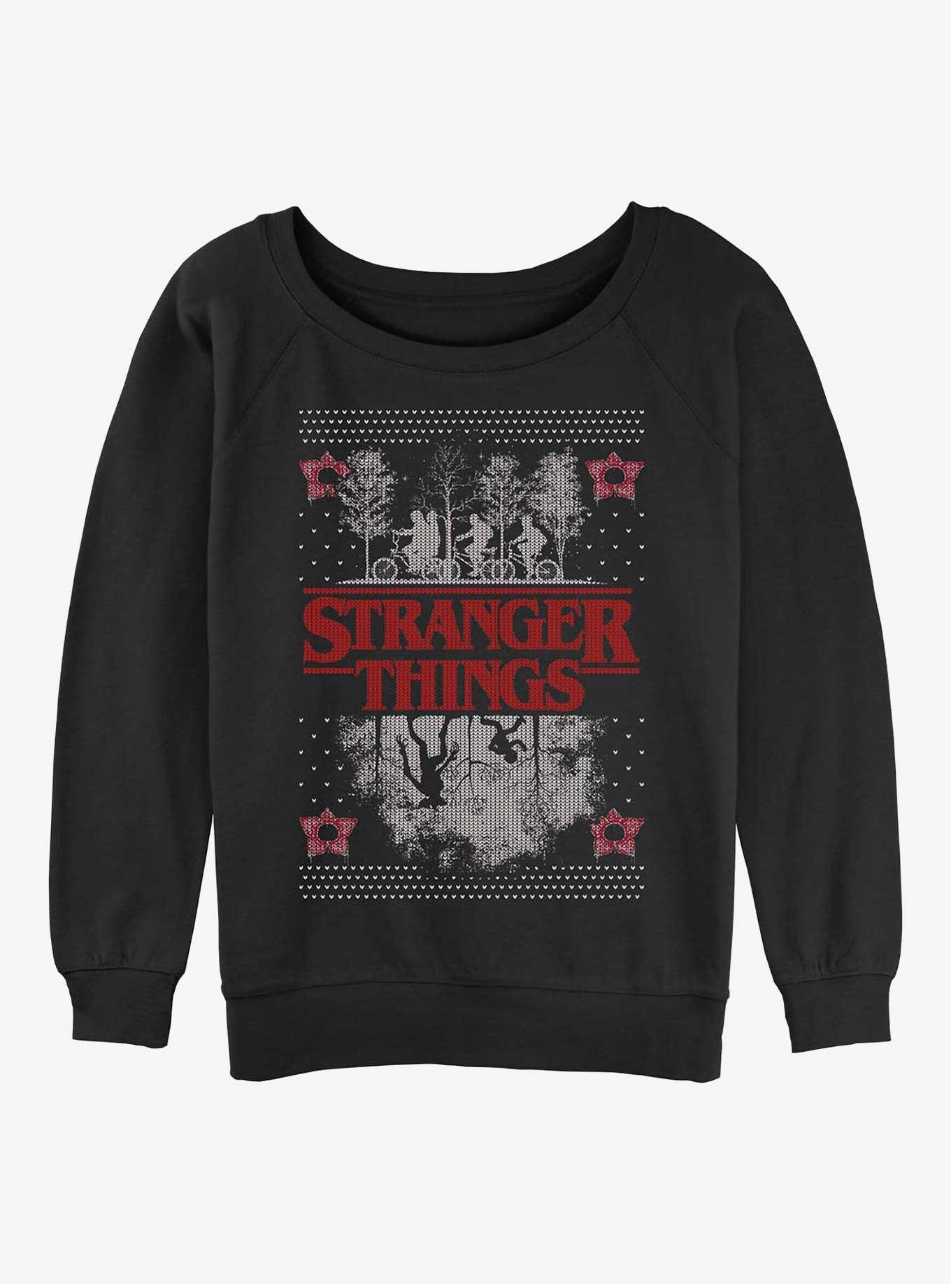 Stranger Things Upside Down Ugly Christmas Girls Slouchy Sweatshirt, BLACK, hi-res