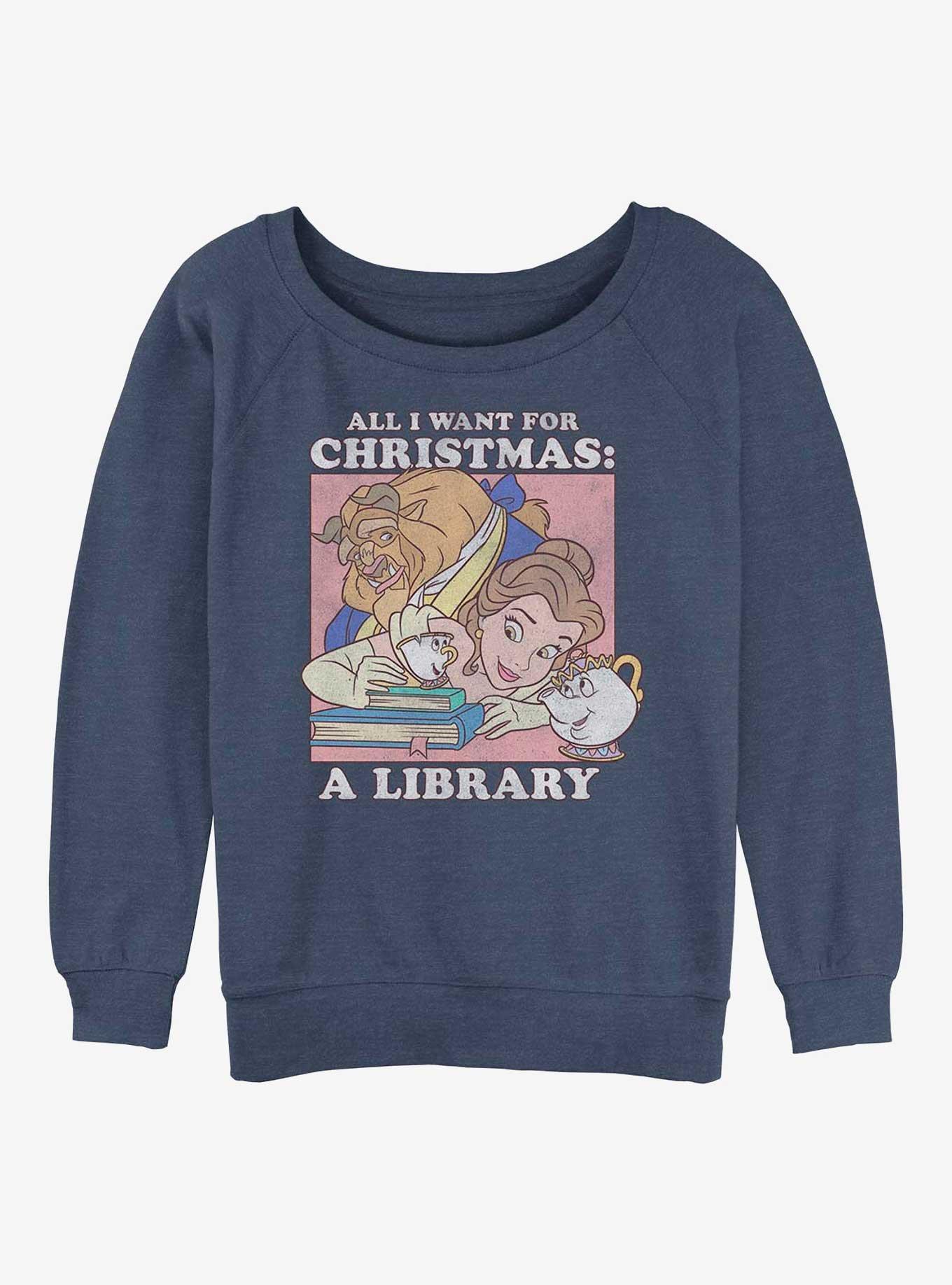 Disney Princesses Belle Christmas Girls Slouchy Sweatshirt, BLUEHTR, hi-res