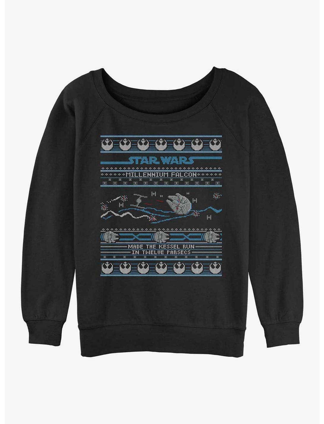 Star Wars Falcon Attack Ugly Christmas Girls Slouchy Sweatshirt, BLACK, hi-res