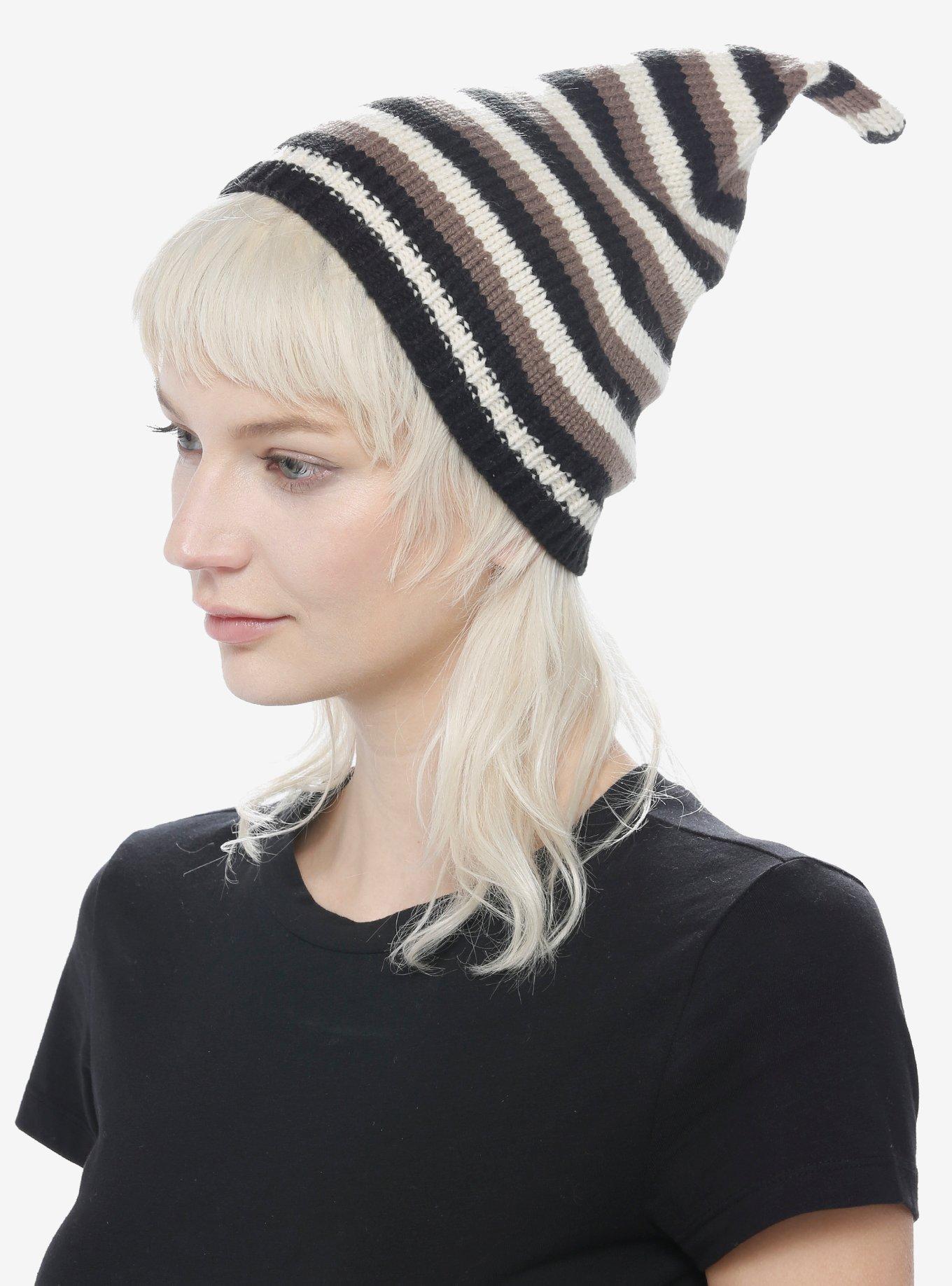 Black & Brown Stripe Pointy Beanie, , hi-res