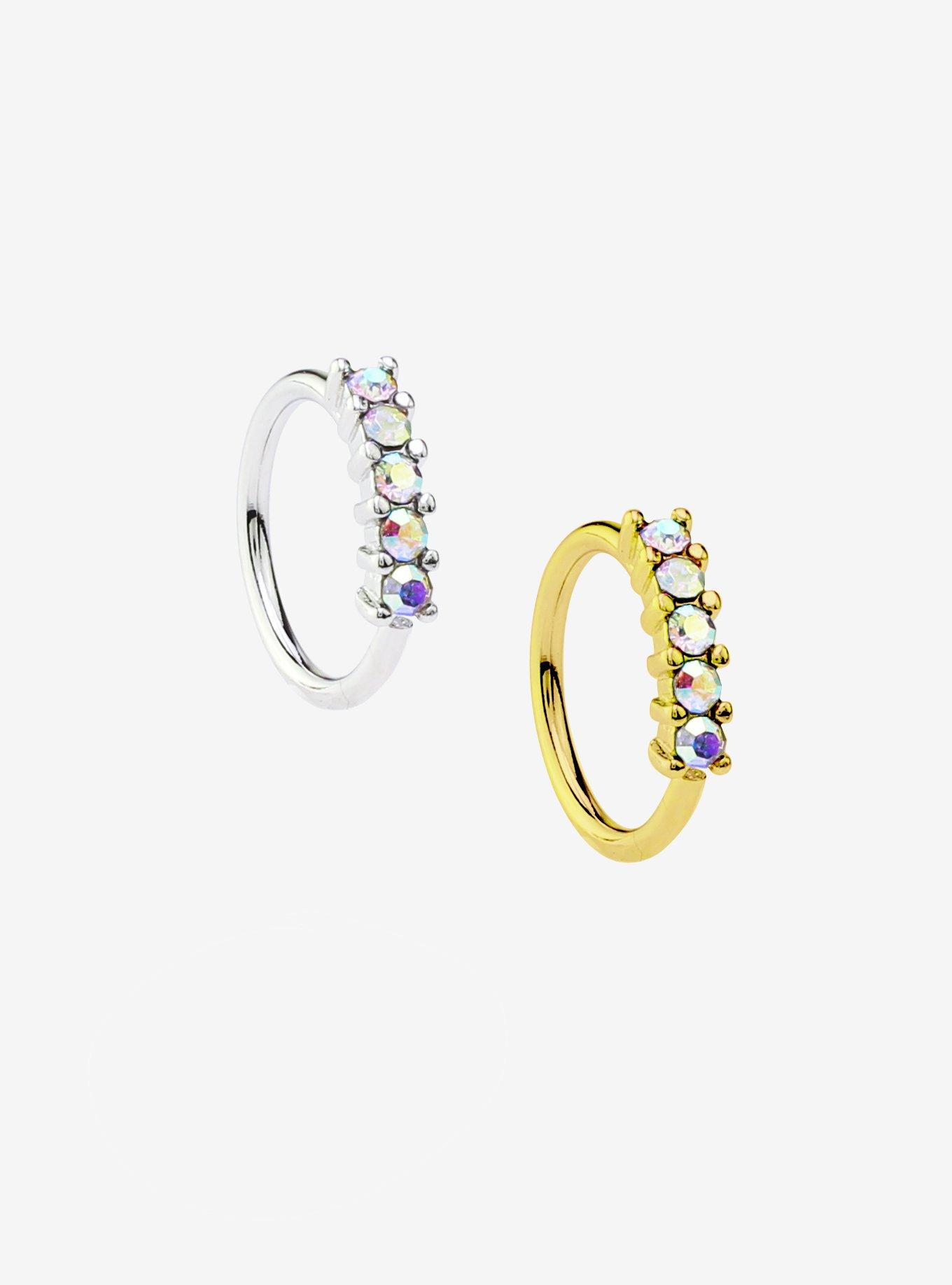 Steel Gold & Silver Gem Nose Hoop 2 Pack, GOLD, hi-res