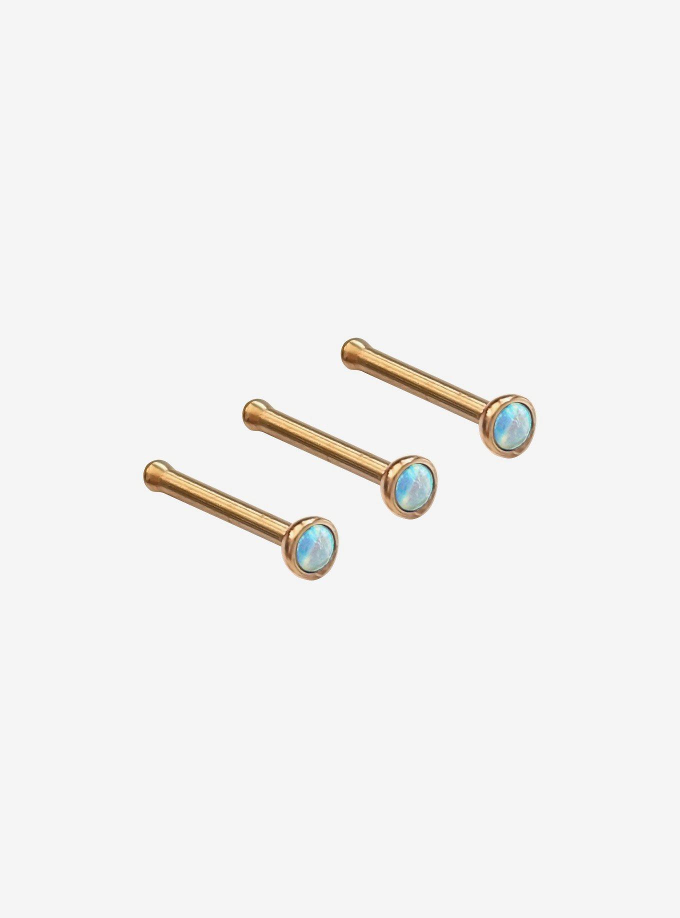 Steel Gold Blue Opal Nose Stud 3 Pack, GOLD, hi-res