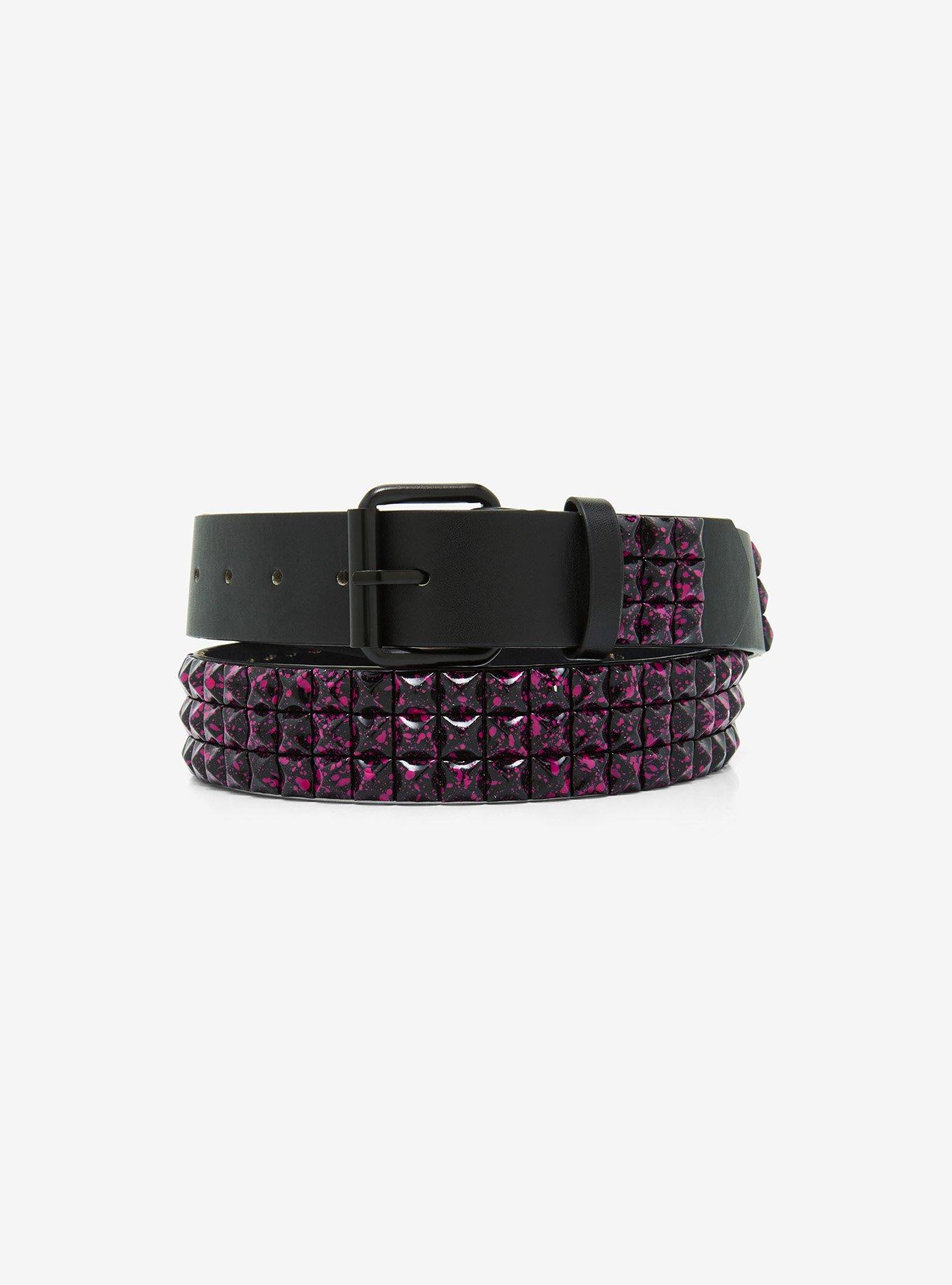 Black & Pink Splatter Three Row Pyramid Stud Belt, MULTI, hi-res