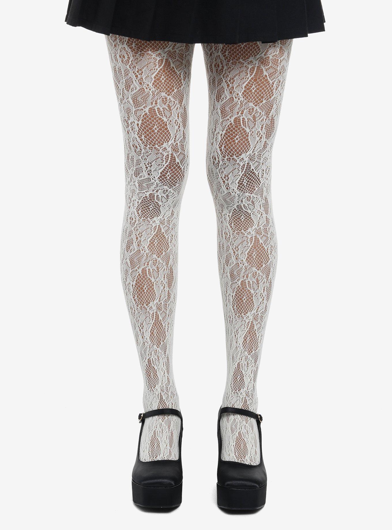 Ivory Floral Lace Tights, , hi-res