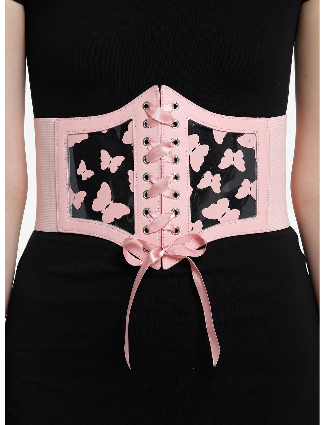 Pink Butterfly Clear PVC Lace-Up Corset, PINK, hi-res