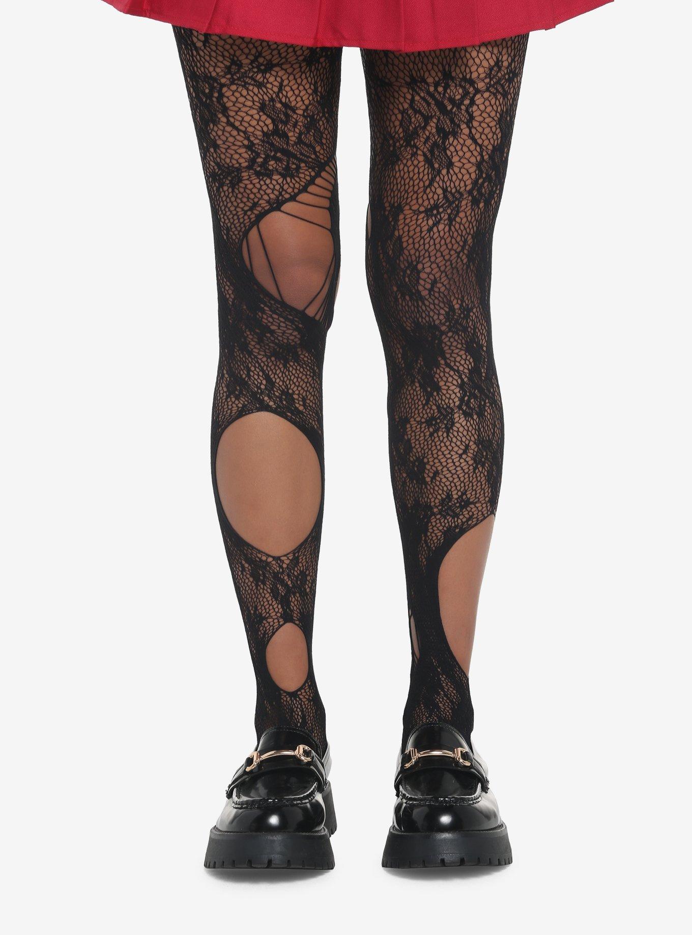 Black Floral Lace Distressed Tights, , hi-res