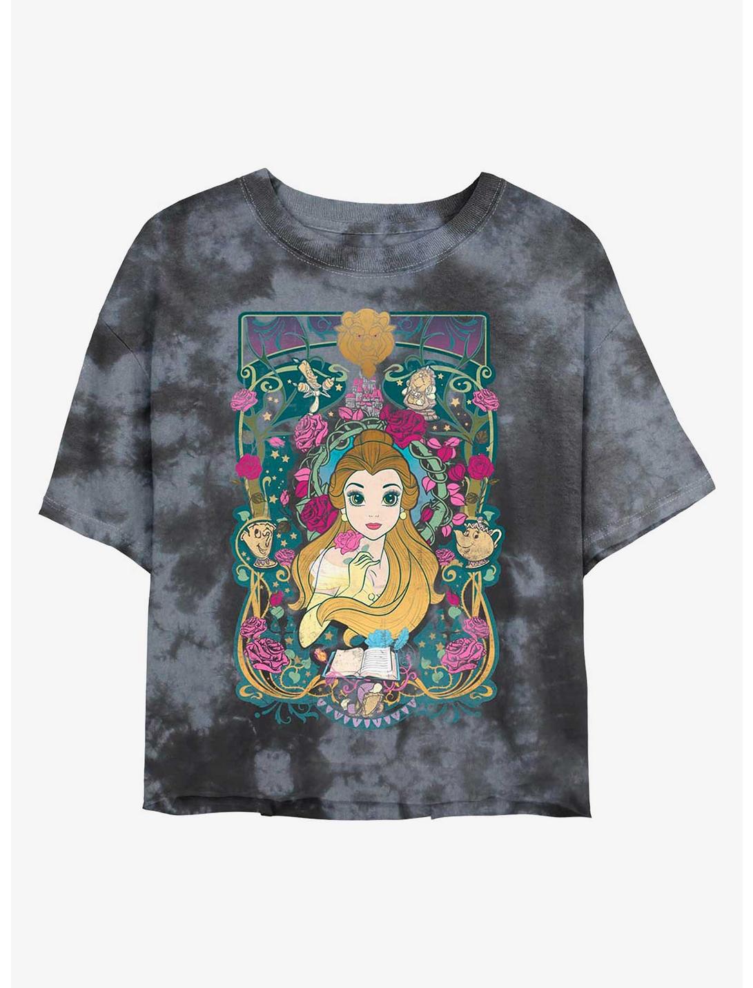 Disney Beauty And The Beast Belle Decorative Print Tie-Dye Womens Crop T-Shirt, BLKCHAR, hi-res