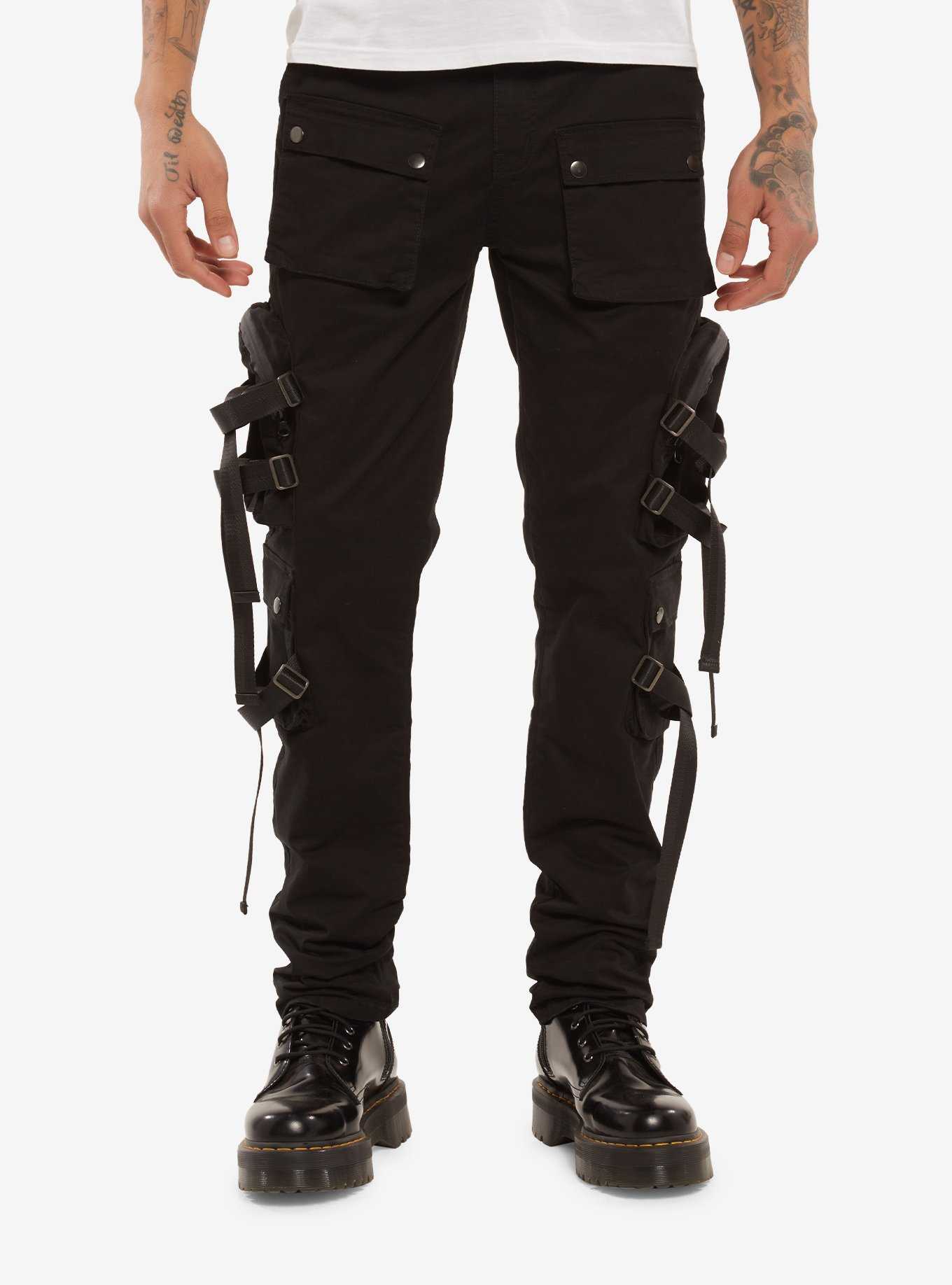 Black Cargo Pockets & Straps Pants, , hi-res